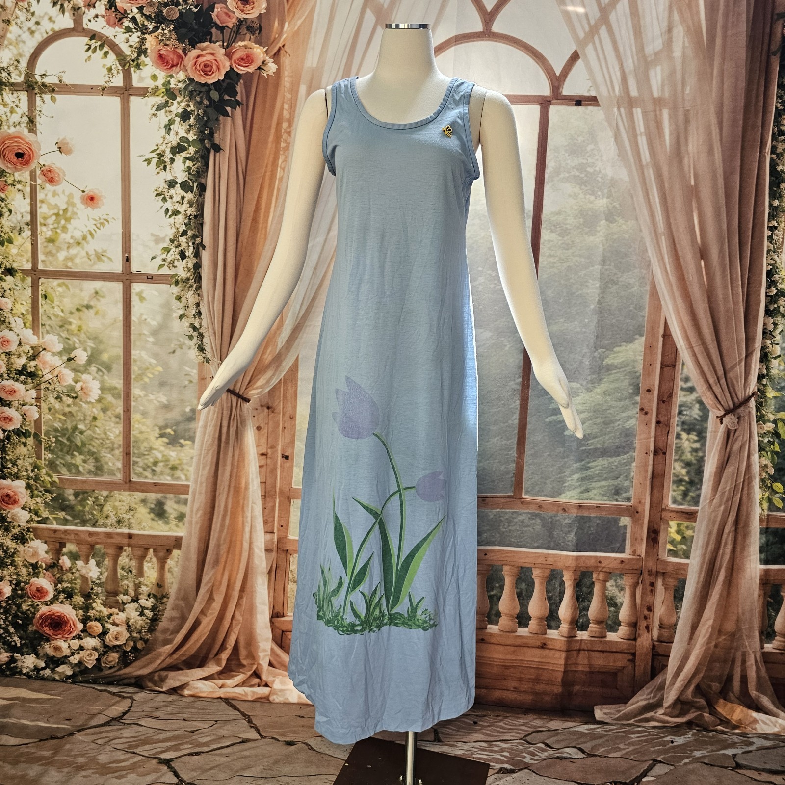 Vintage 1970s Dress Maxi Floor Length Baby Blue Floral Bee Patch Sleeveless Tank