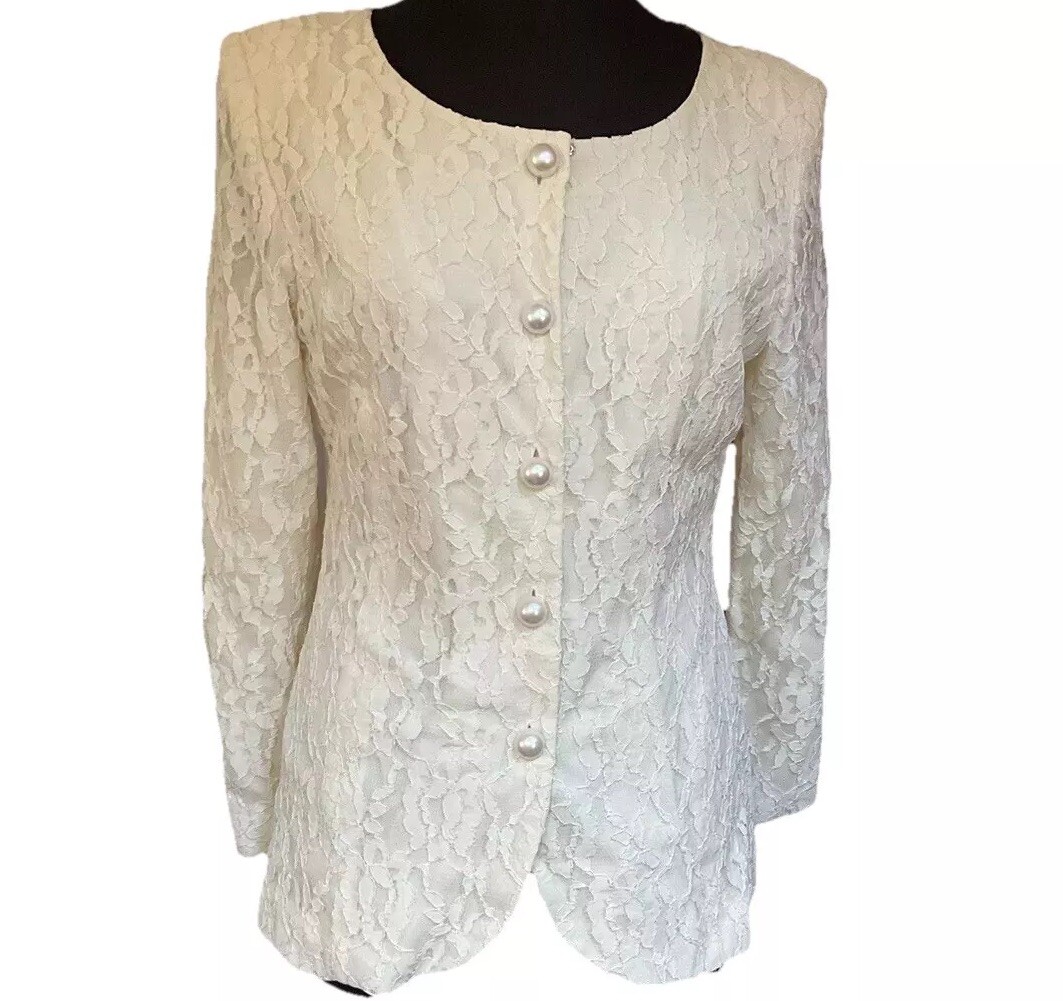 Talbots Donna Ricco Off White Ivory Lace Overlay Jacket 12 Shoulder Pads Vintage