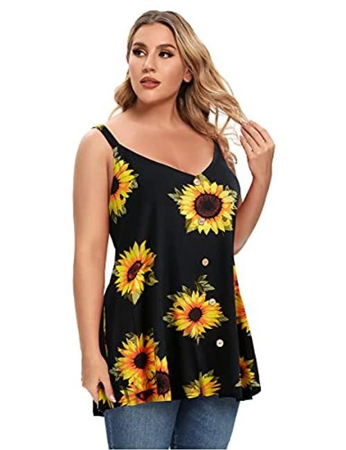 Plus Size Camisole V Neck Button Cami Tank Tops Women’s 2X Black Sunflower