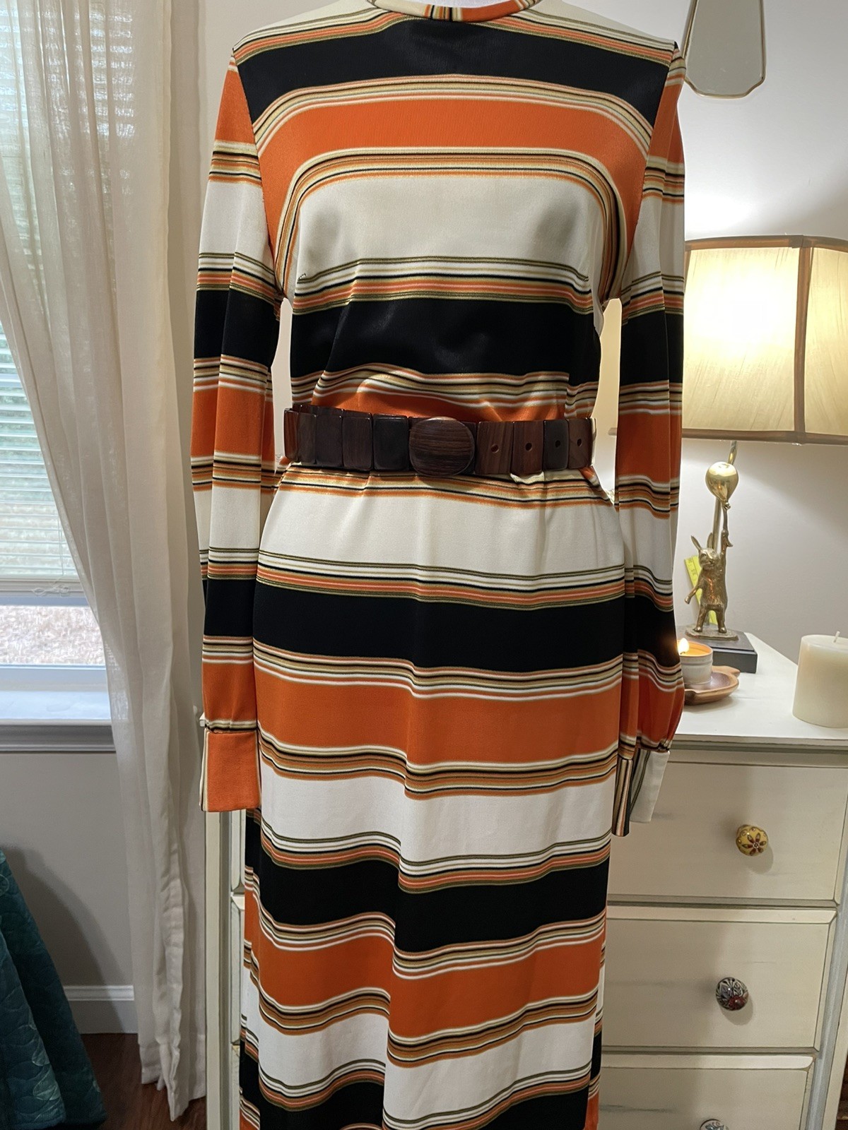 Hand Sewn Vtg 70s Midi Dress Orange Brown Yellow Sm/6 Long Sleeve Back Zipper **