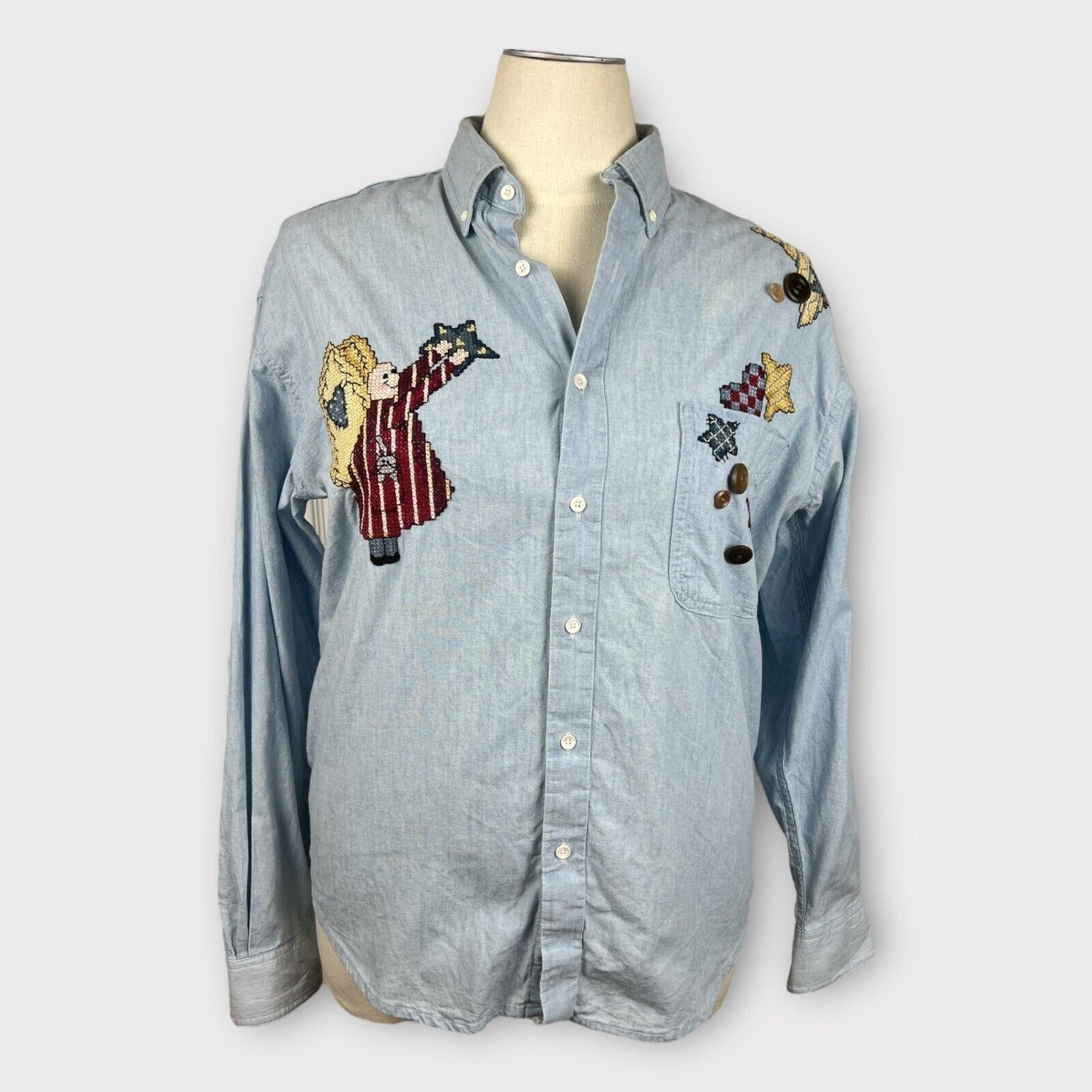 90s L.L.Bean Angel Embroidered Chambray Shirt Celestial Folk Art XL Cottagecore