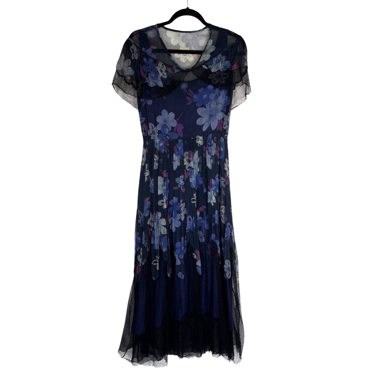 Antique 1920s Navy Floral Silk Dress Flapper Era Flutter Sleeve Drop Waist