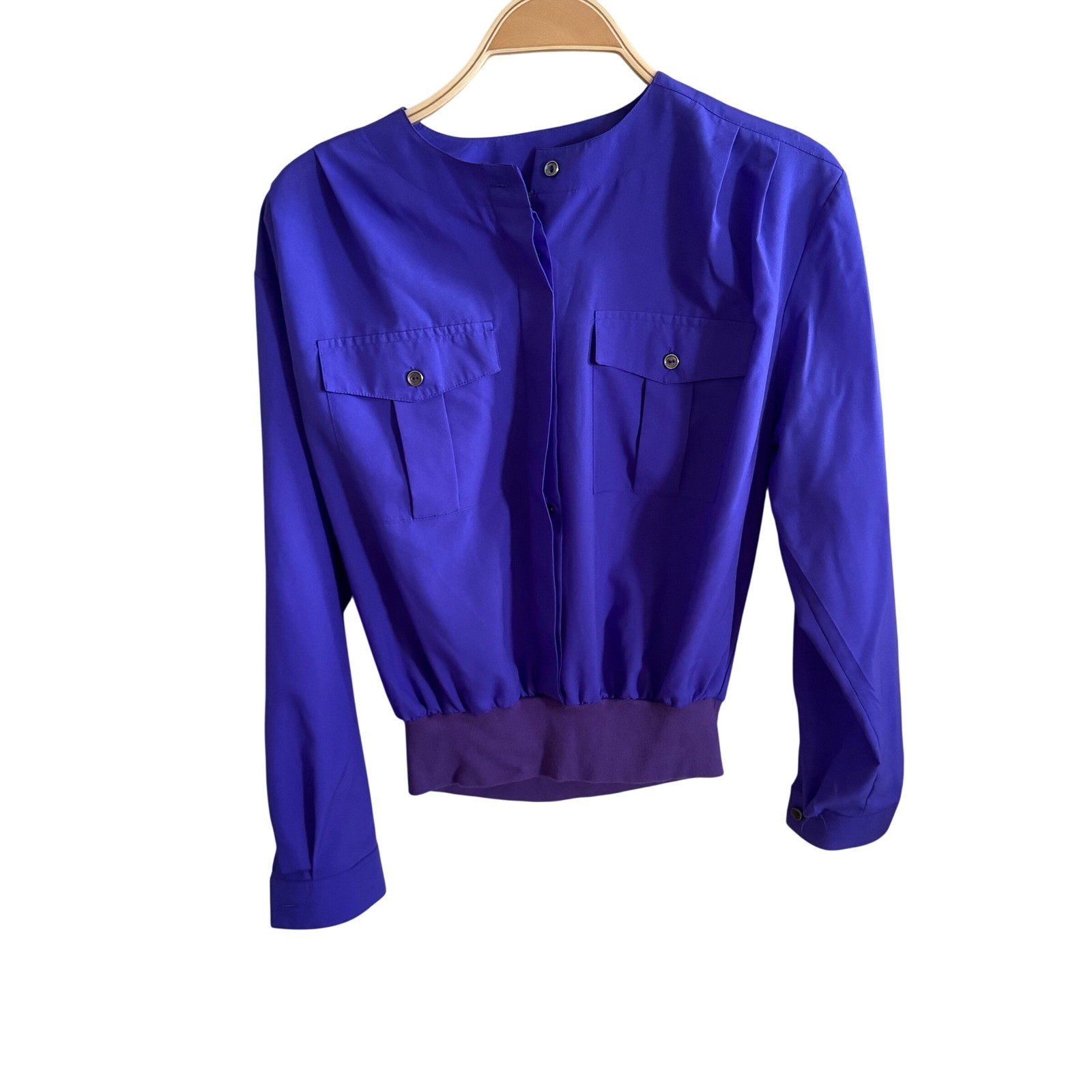Laura and Jayne Vintage Purple Bomber Blouse Band Collar Roll Tab Sleeve Size 6