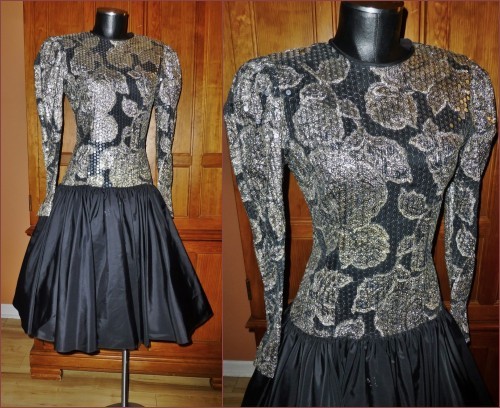 Vtg 80s Cattiva Maya Jornot Gold Sequin Taffeta Formal Evening Prom DRESS Gown