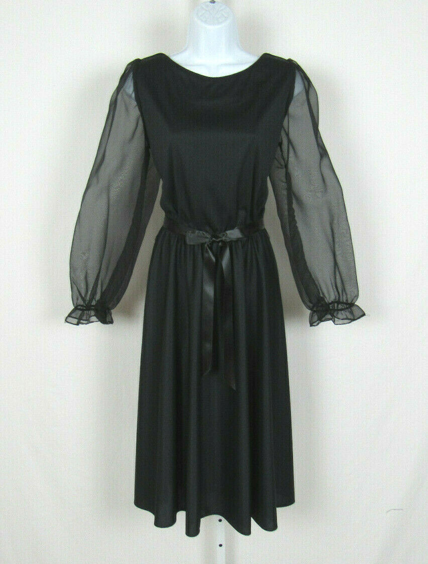 VTG 1960s GEORGE ORIGINALS BLACK DRESS SIZE 12 POLY CHIFFON ARMS RIBBON BELT