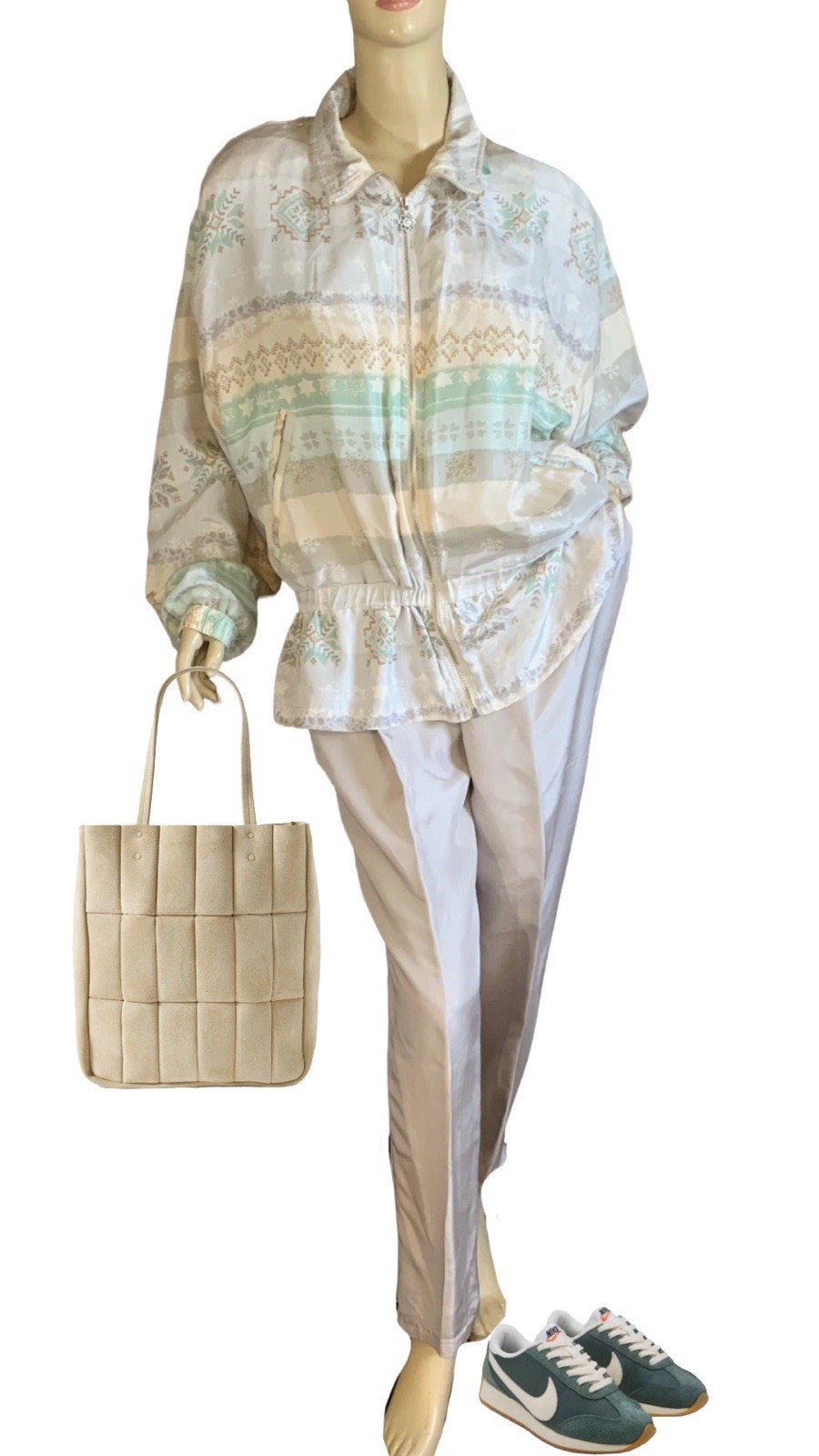 VINTAGE 1990’S EAST WEST SILK ECRU & MINT MULTI PATTERN TRACK SET NWT SZ LRG