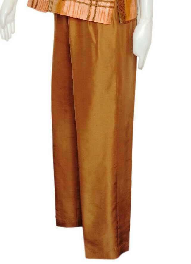 Retro Silk Blouse and Pant Set, Gold and Olive Green Print 2 Piece Size 6
