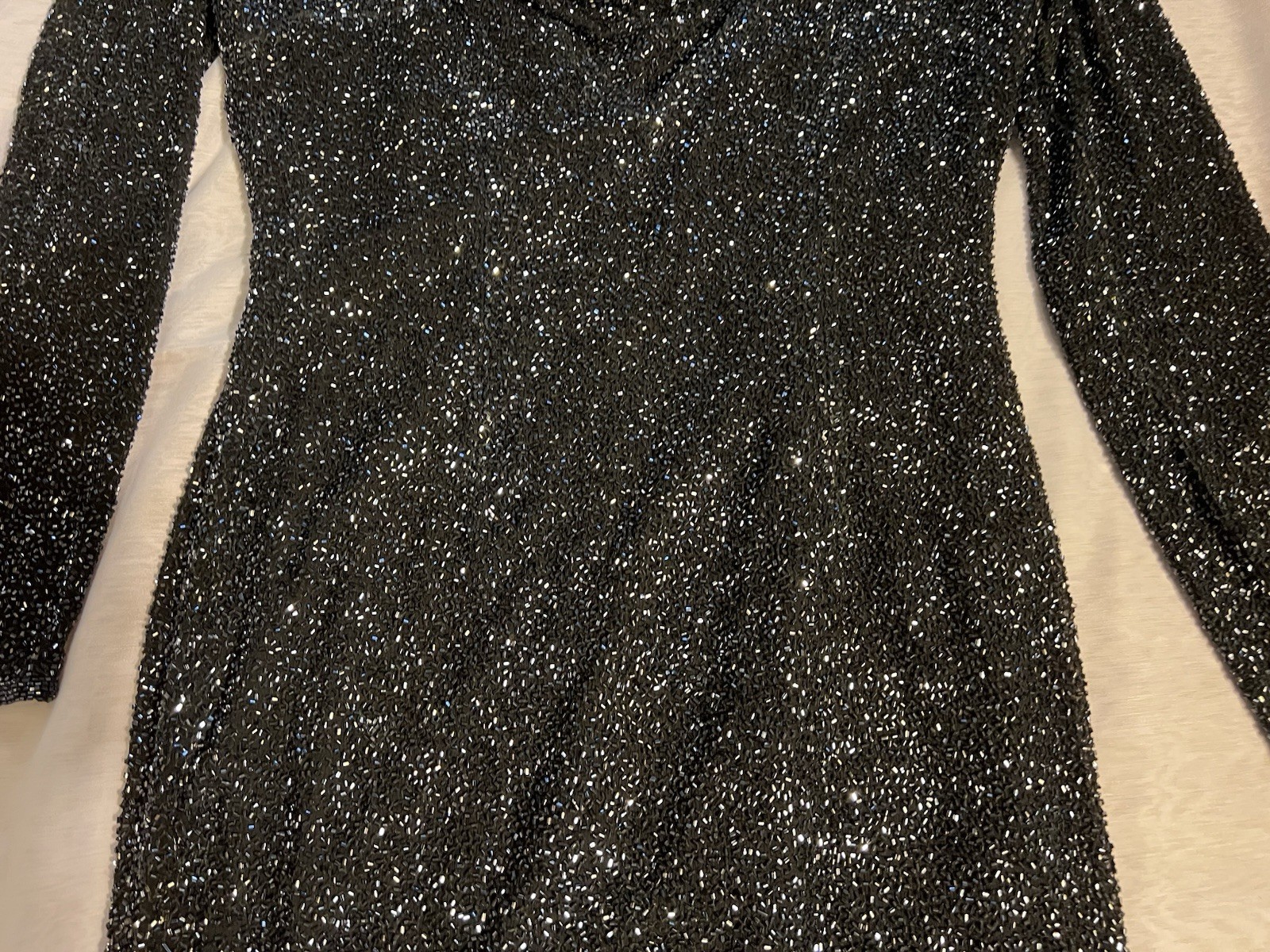 Vtg Naeem Khan Lillie Riazee Sequin Beaded mini long sleeve body con dress 80’s
