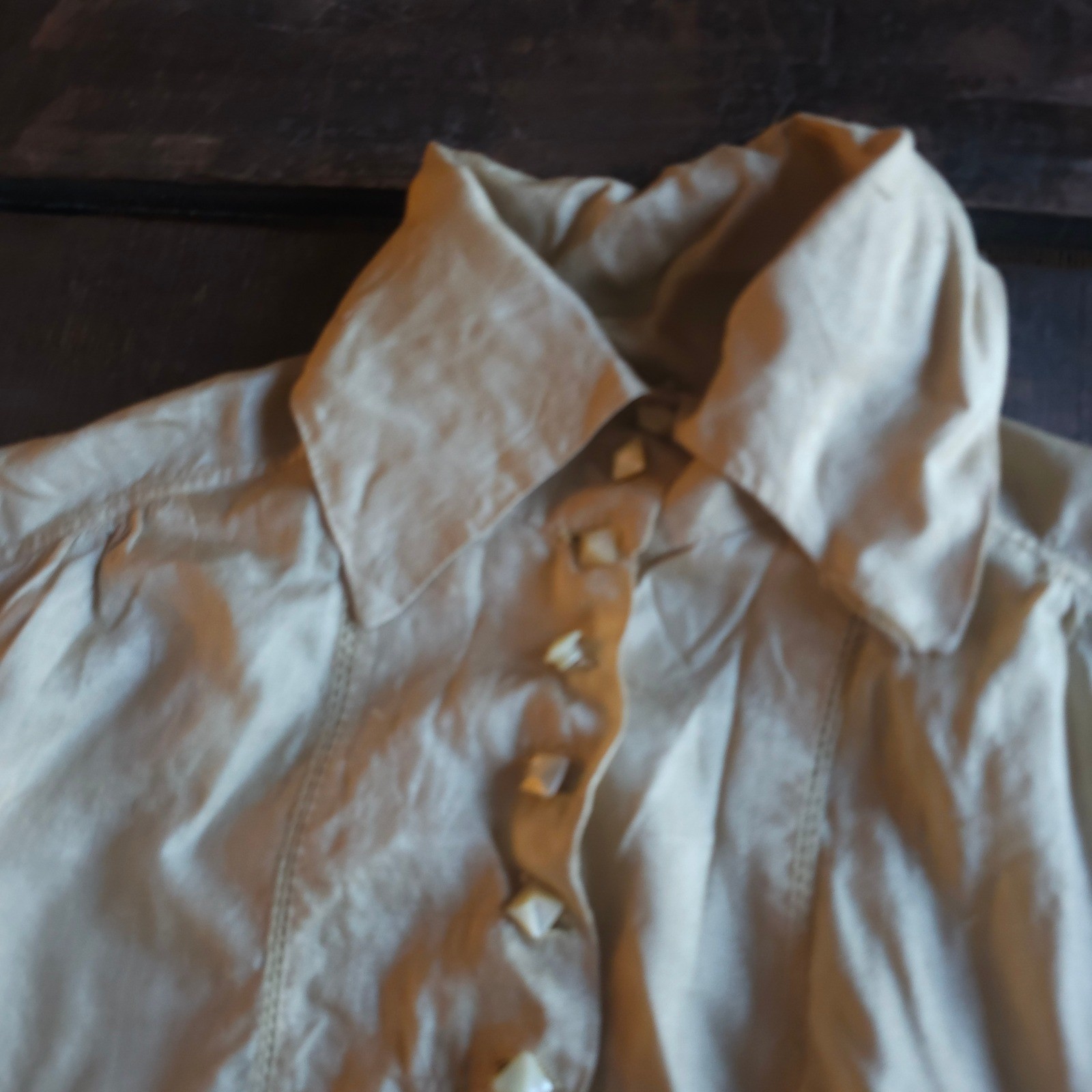 Antique Edwardian 1910s Victorian Blouse Cream Pyramid MOP Button Shirt Waist