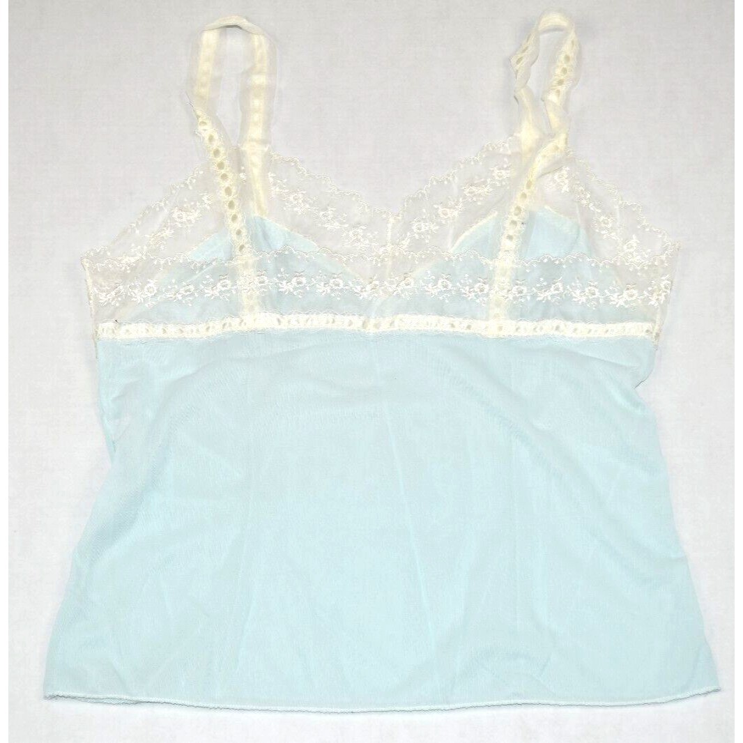 Camisole VTG Carol Brent 50s Powder Blue White Rose Lace Ribbon Straps S/M