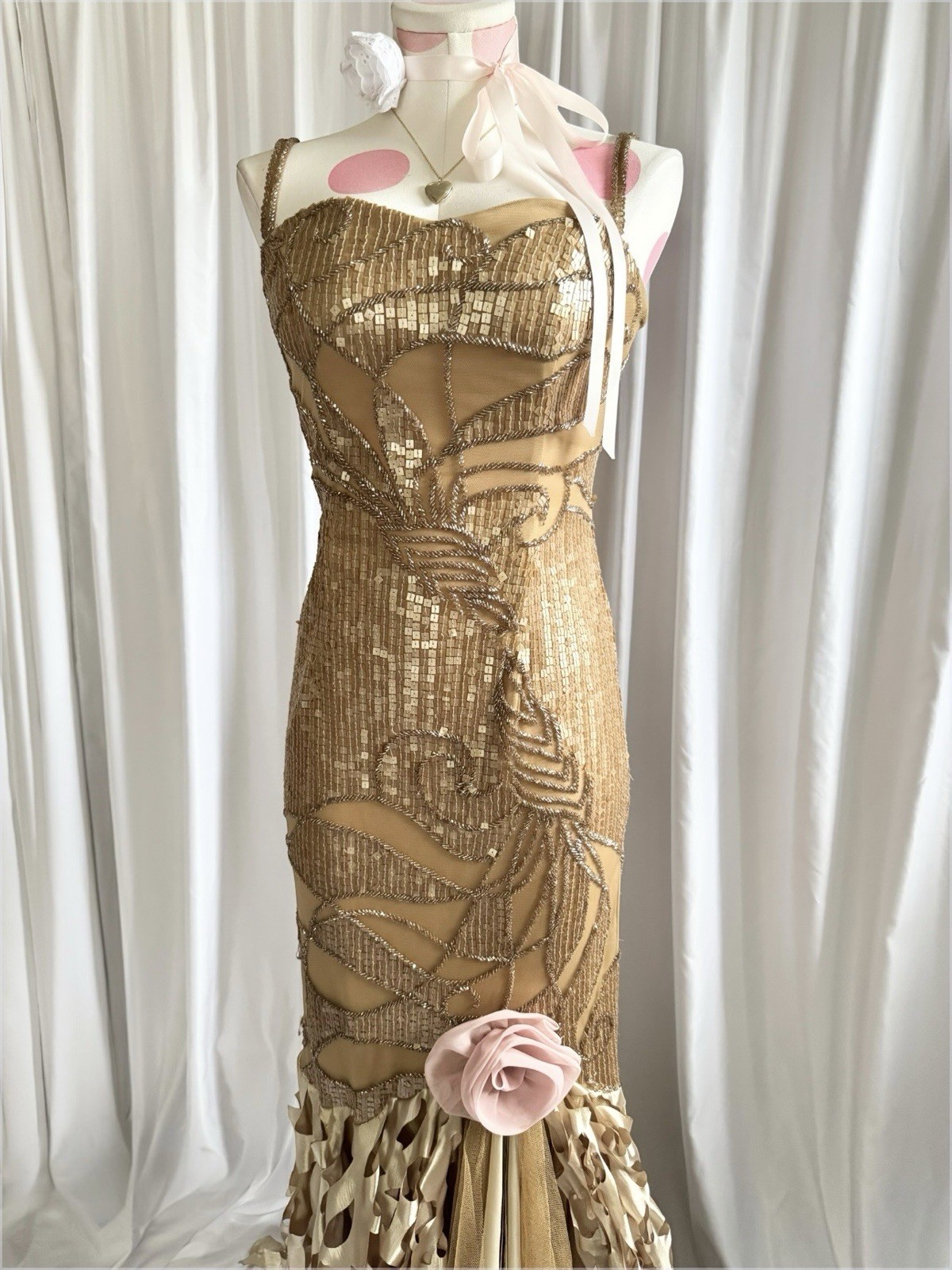 Vintage Gold Fairy Beaded Sequin Ruffle Mesh Vacation Princess Formal Gown Dress