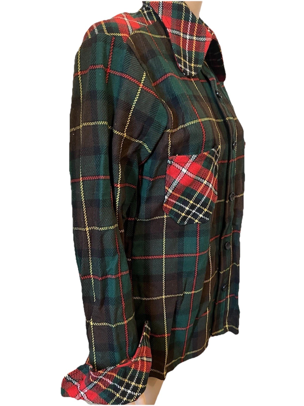 Vintage 1970s Green/Red Tartan Plaid Wool Blouse Women’s L Wide Collar Pockets