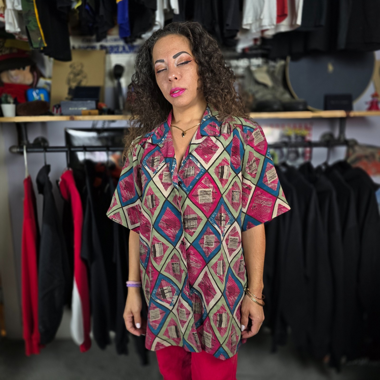 Vintage Don Kenny Geometric Polyester Blouse – Women’s Large