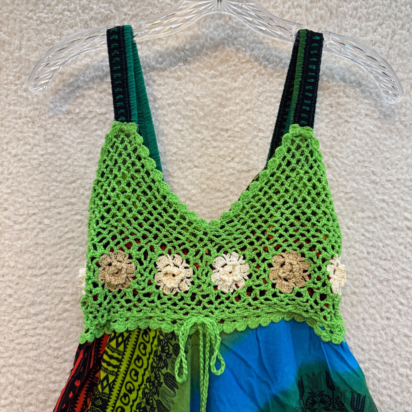 Y2K Vintage Mini Dress Small Medium Rainbow Colorful Crochet Floral Boho Hippie