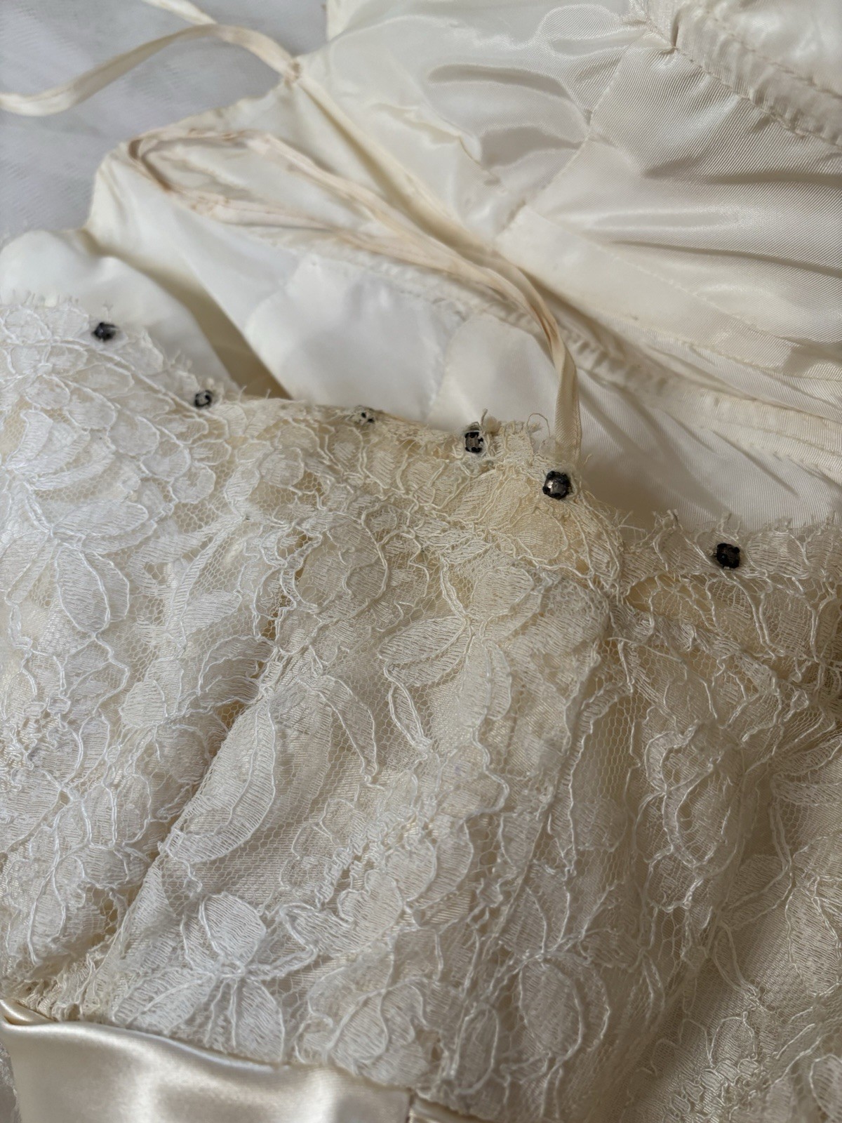 Vtg 1950s Ivory Lace Tulle Bridal Prom Dress Wedding Gown Petticoat Rhinestones
