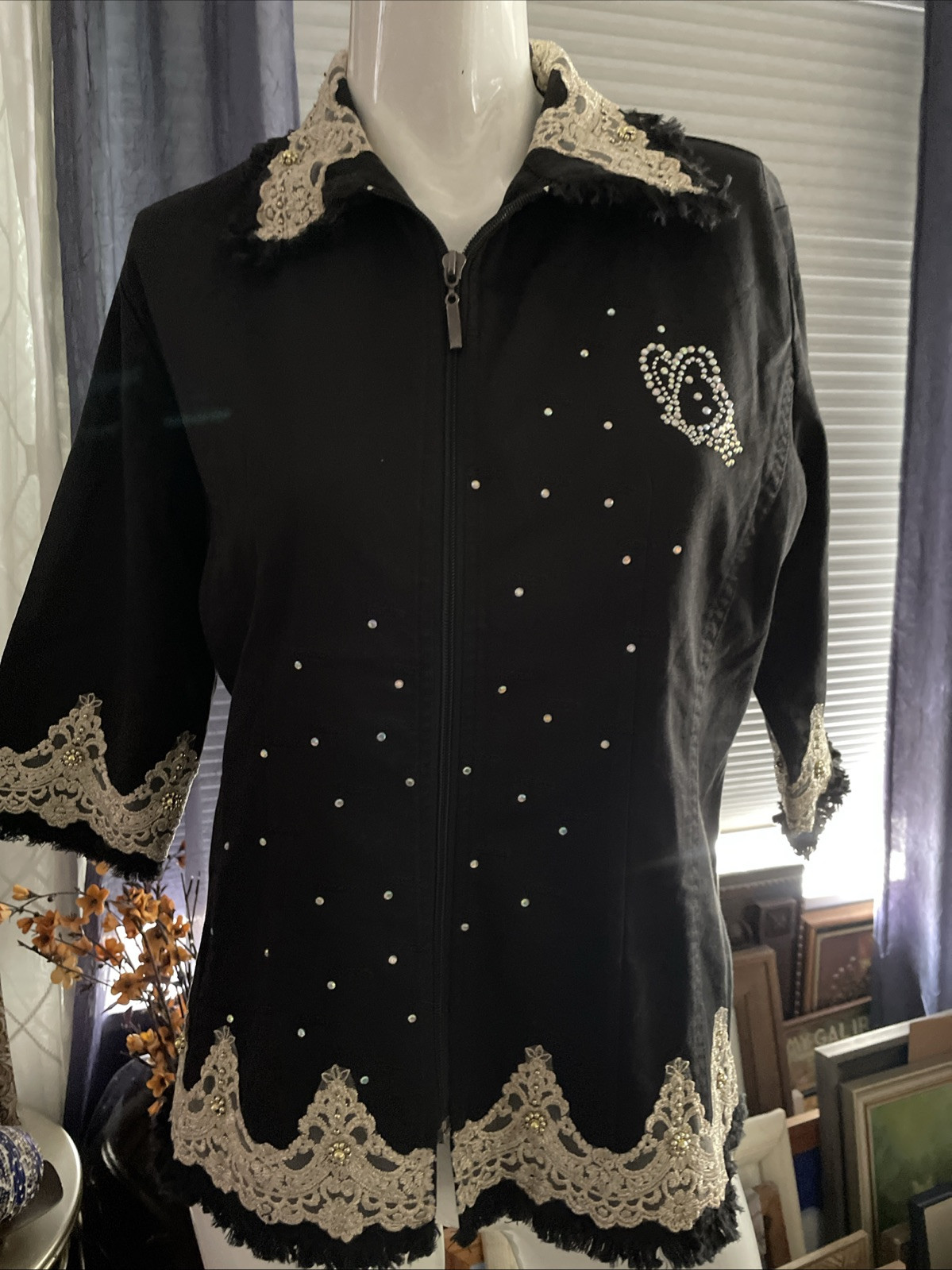 Vintage Originals Italy Sz 4Bling Lace Fringe Deco Blouse Shirt 1960’s