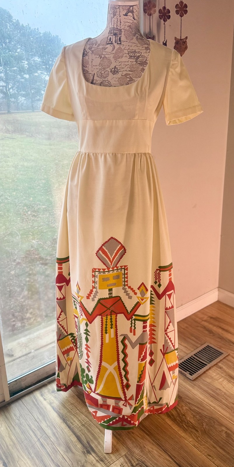 Vtg 1960s 70s Maxi DRESS Kachina Doll CACTUS Print Native FOLK ART Skirt XS/S