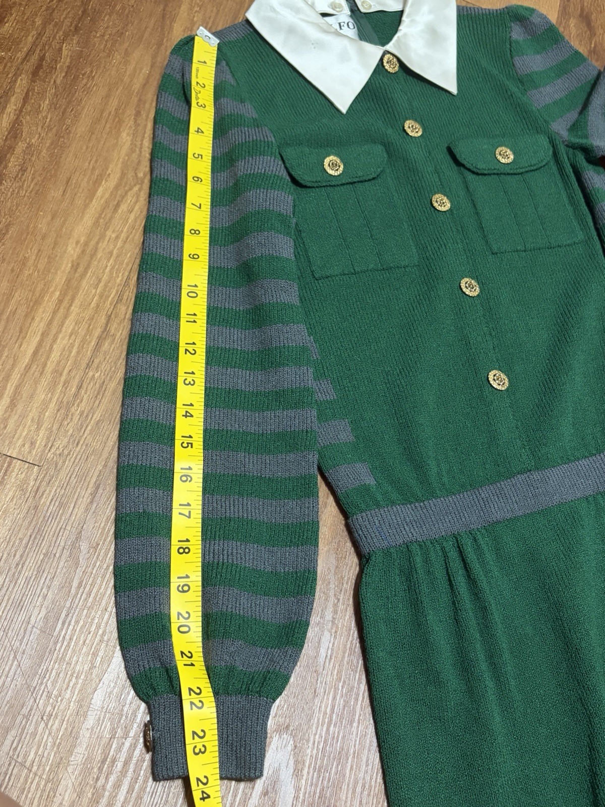 VTG Adolfo New York Green & Gray Wool Blend Knit Sweater Dress Sz XS GUC
