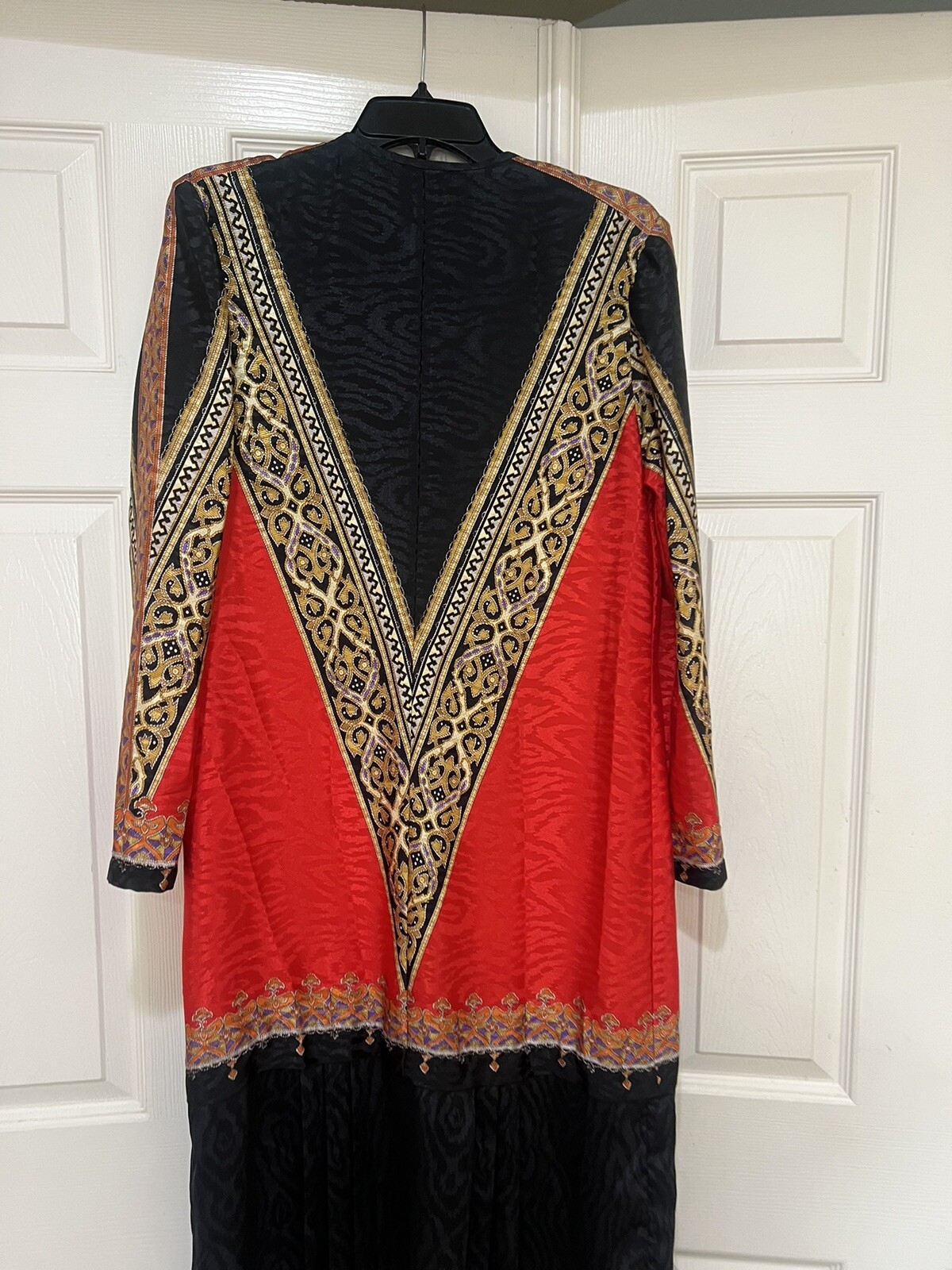 Vintage 80s Anthony Sicari Red Black Long Sleeves Scarf Dress 12 USA Made