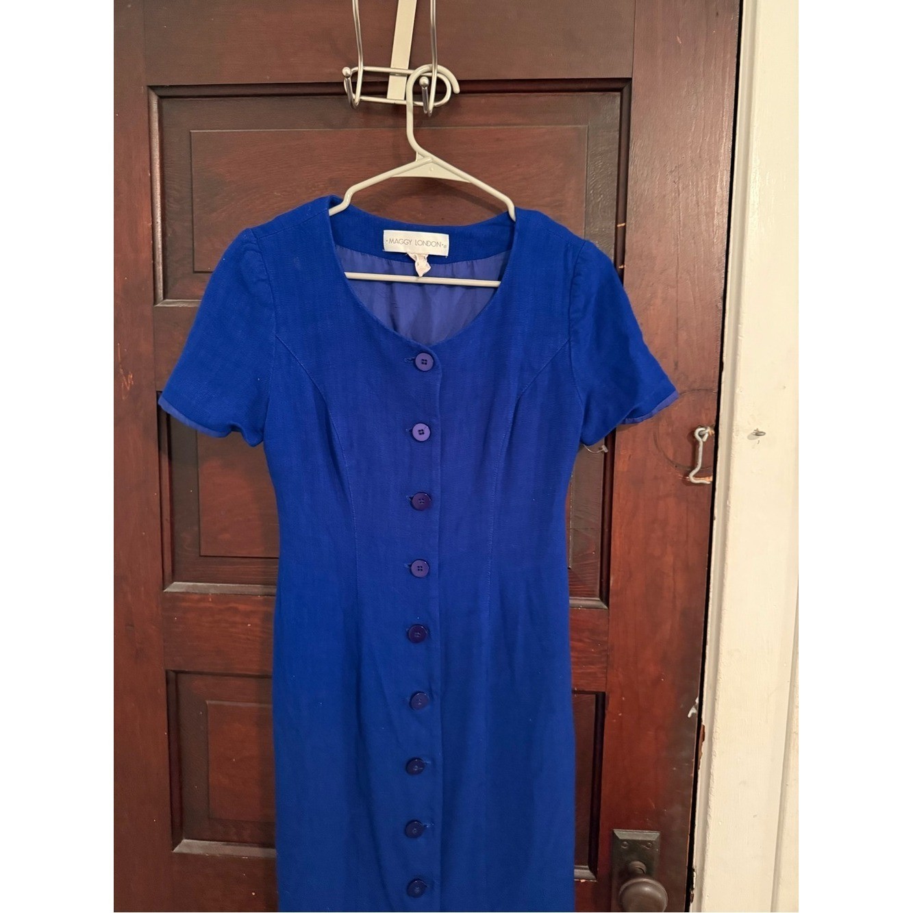 Maggy London Cobalt Blue Button-Front Vintage Linen blend Midi Dress