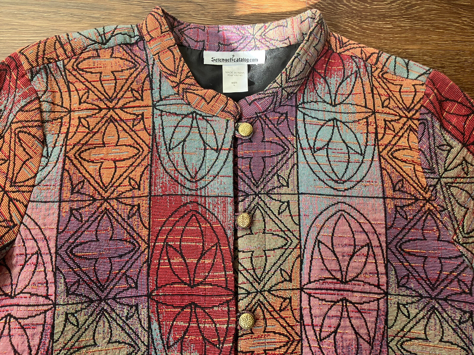 Vintage Serengeti Tapestry Jacket Quilted Colorful Abstract Mandarin Collar L