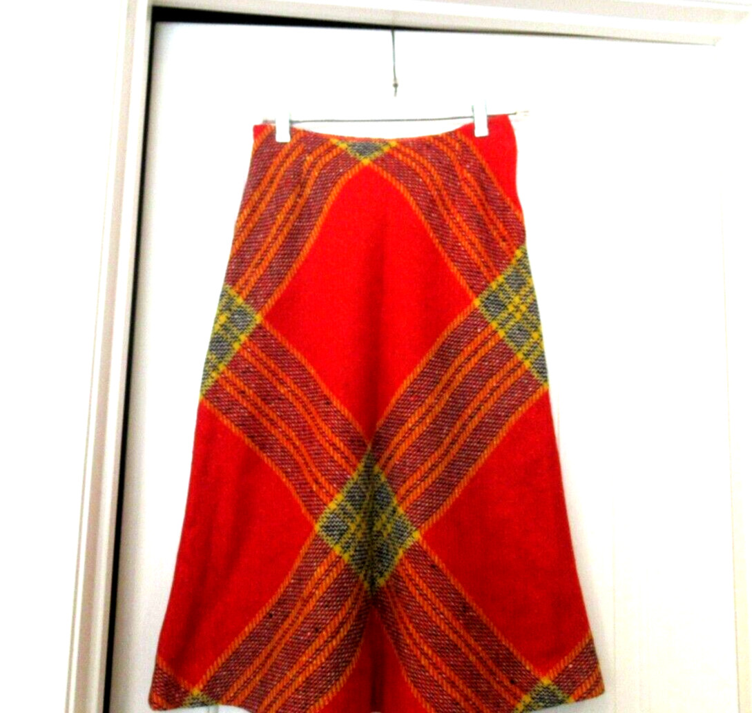 Charlie’s Girls by Erika Elias red, yellow, orange plaid skirt, c. 1960s, sz. S