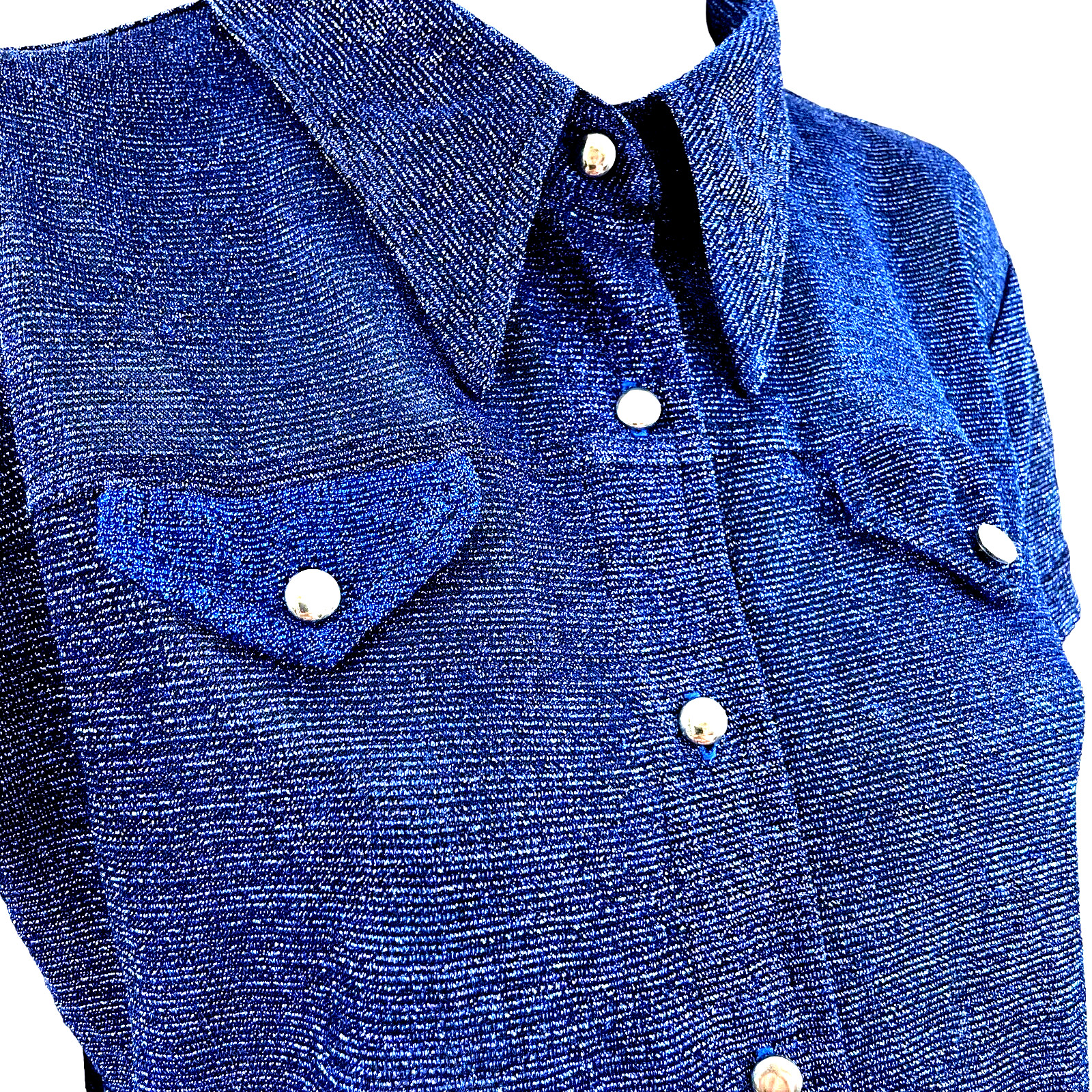 Vintage Blue Lurex Blouse Westco Collared Short Sleeve Button Up Shirt 1980’s