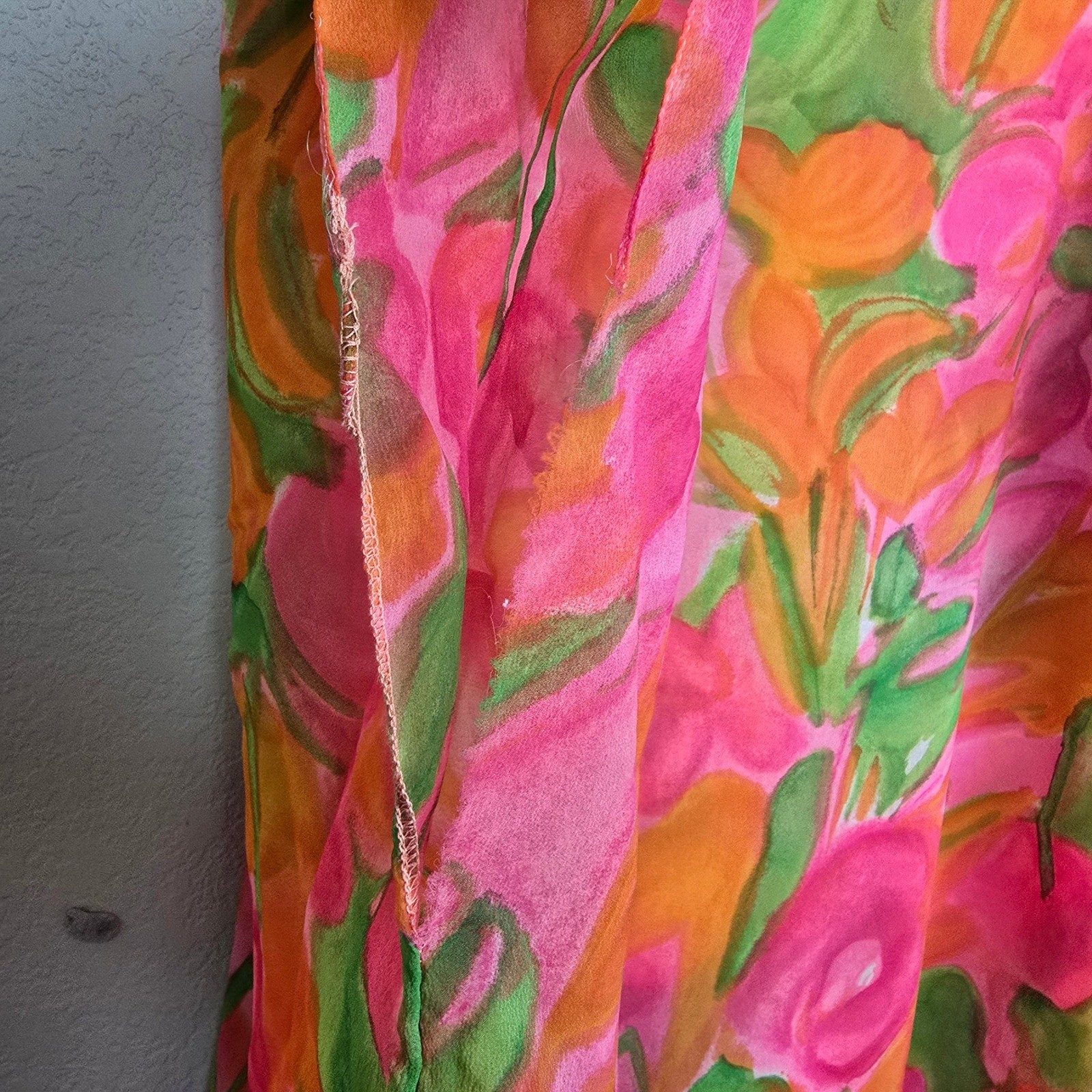 VTG 70s Georgie Keyloun Floral Caftan Dress Sheer Neon Pink Orange ILGWU READ