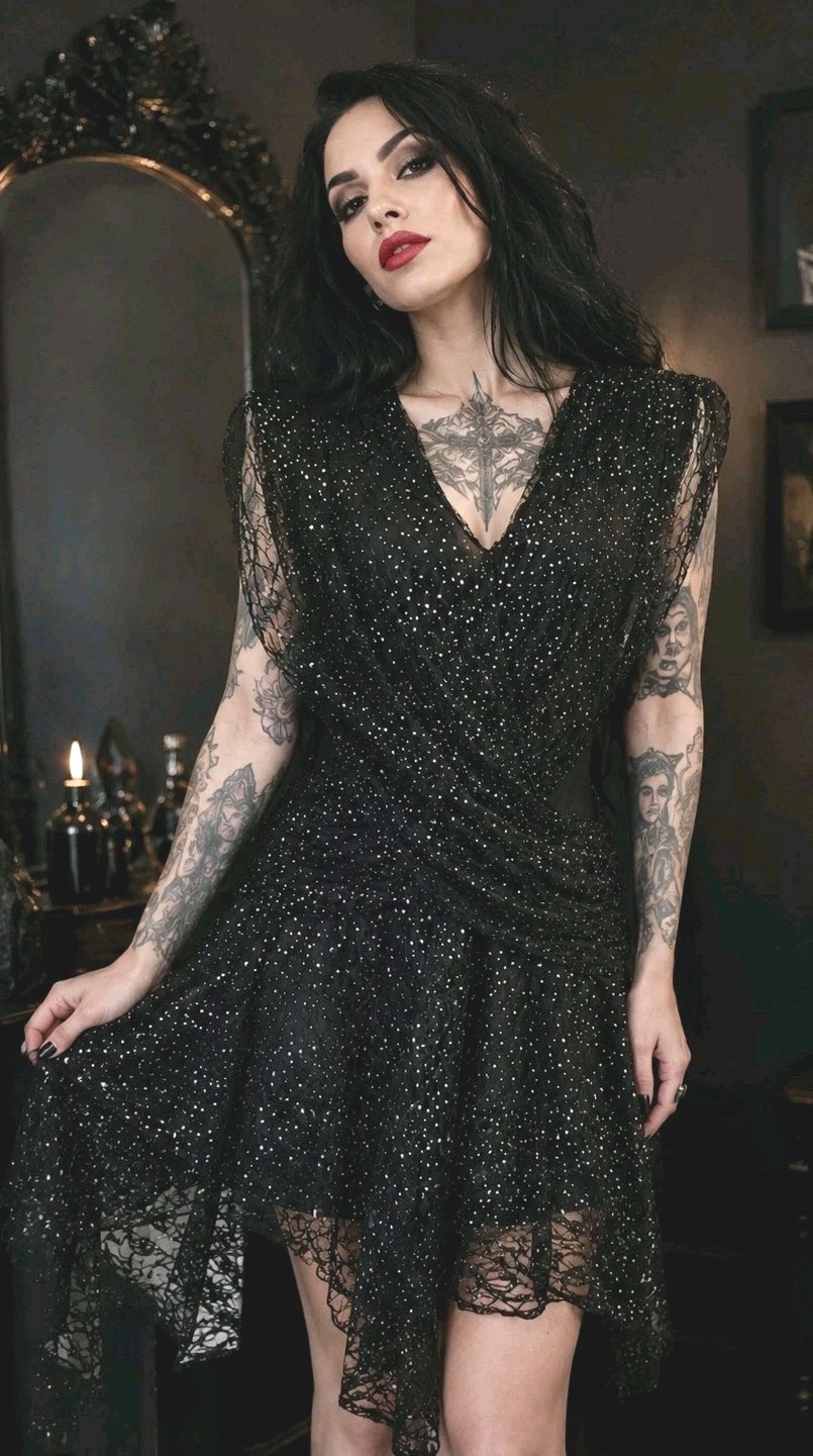 1980 PUNK GOTH FAIRY prom dress black silver lace layers handkerchief 8/10 USA