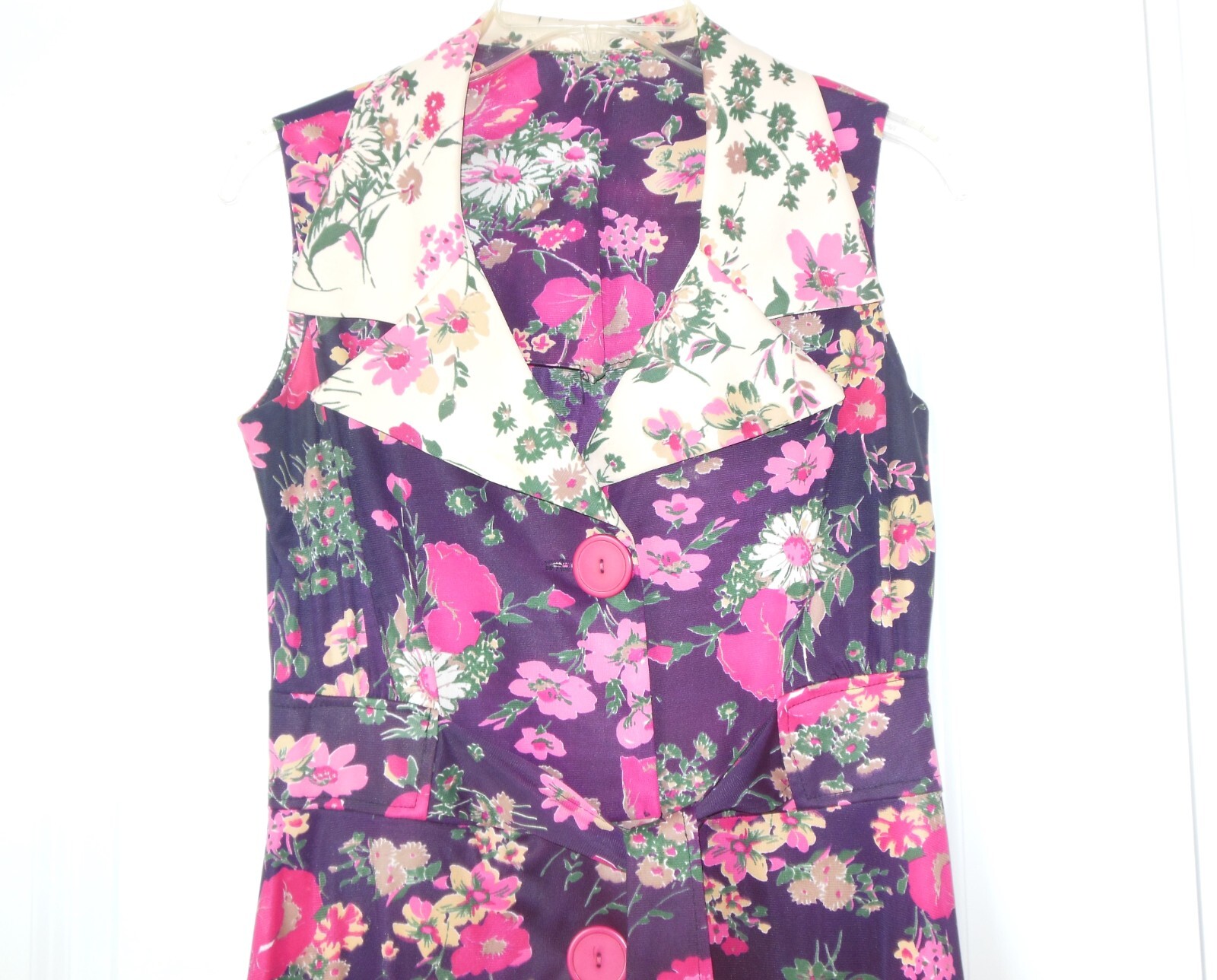 Vintage Floral Dress sz ~S Large Collar Button Front w Belt 60’s 70’s Sleeveless