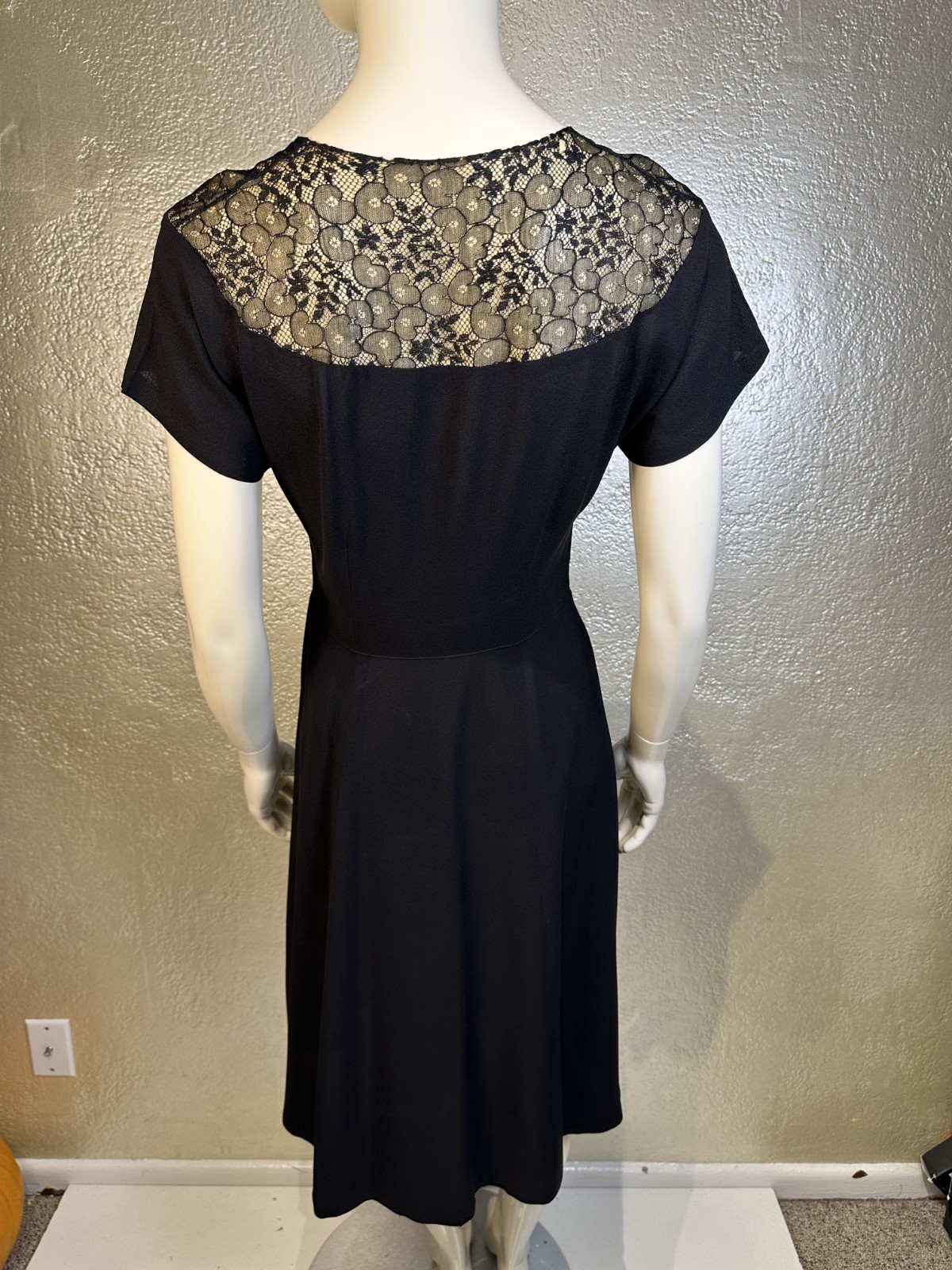 Vintage 1940s Ladies Handmade Black Rayon Dress w/ Silk Lace Shoulder Yoke XS
