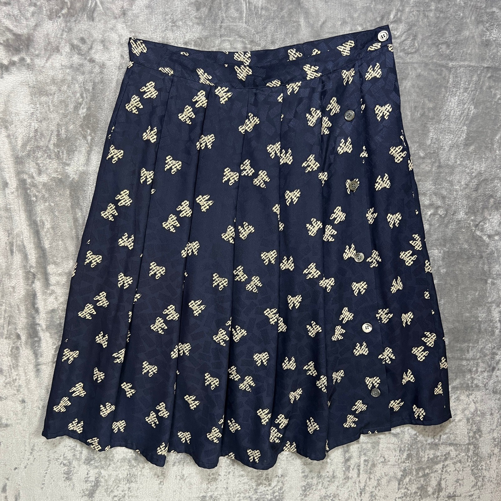 90s Jacquard Bow Print Silk Skirt Blouse Set 12 Navy Office Siren Dark Academia