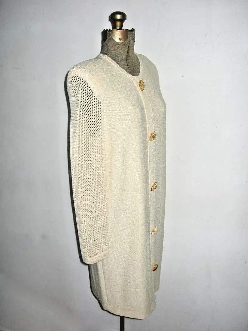 VTG Scaasi Cream Big Gold Buttons Jersey Crochet Mesh Stitch Knit Short Dress