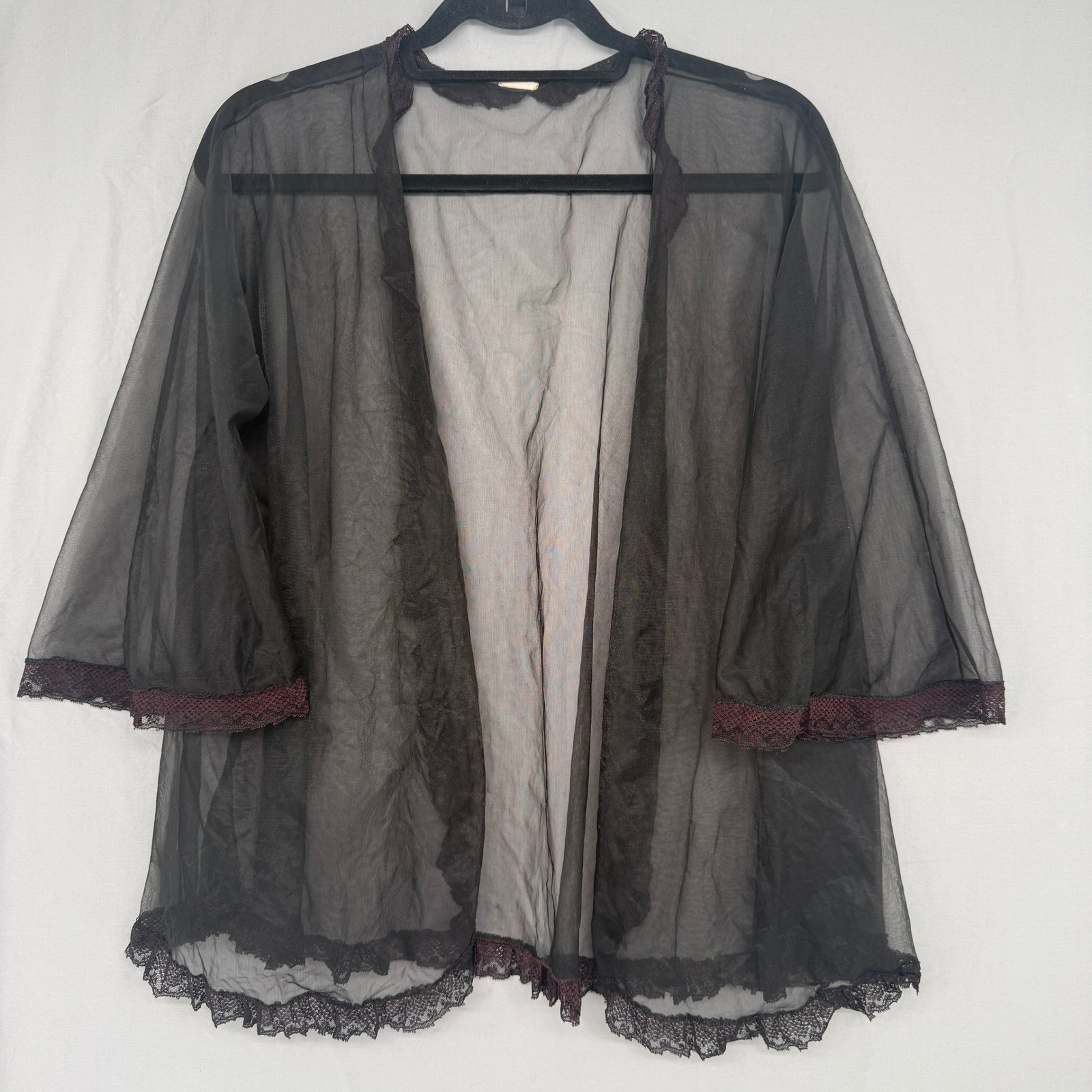 Vintage Flair Lingerie Black Sheer Mesh Lace Trim Bed Jacket ILGWU USA Petite