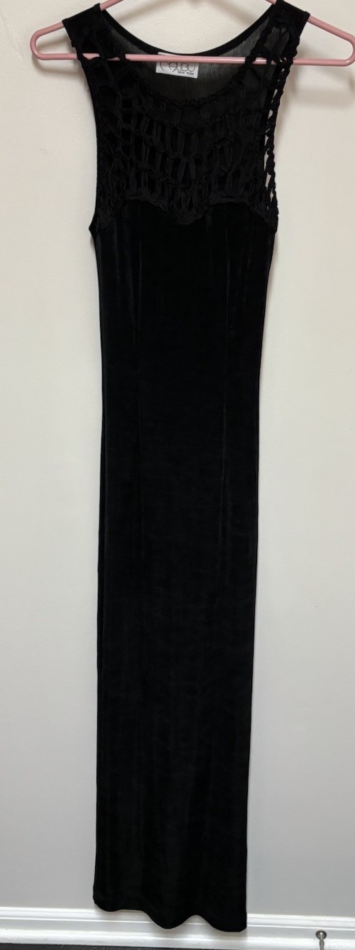 Vintage 90s Malibu NY Black Slinky Knit Sleeveless Maxi Dress Whimsy Goth Small