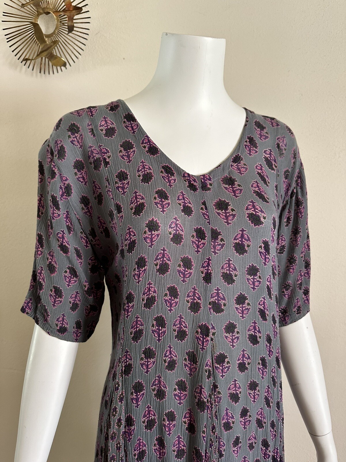 1990s Indian Block Print Rayon Gauze Tie Back Dress Grunge Floral Punk M 90s VTG