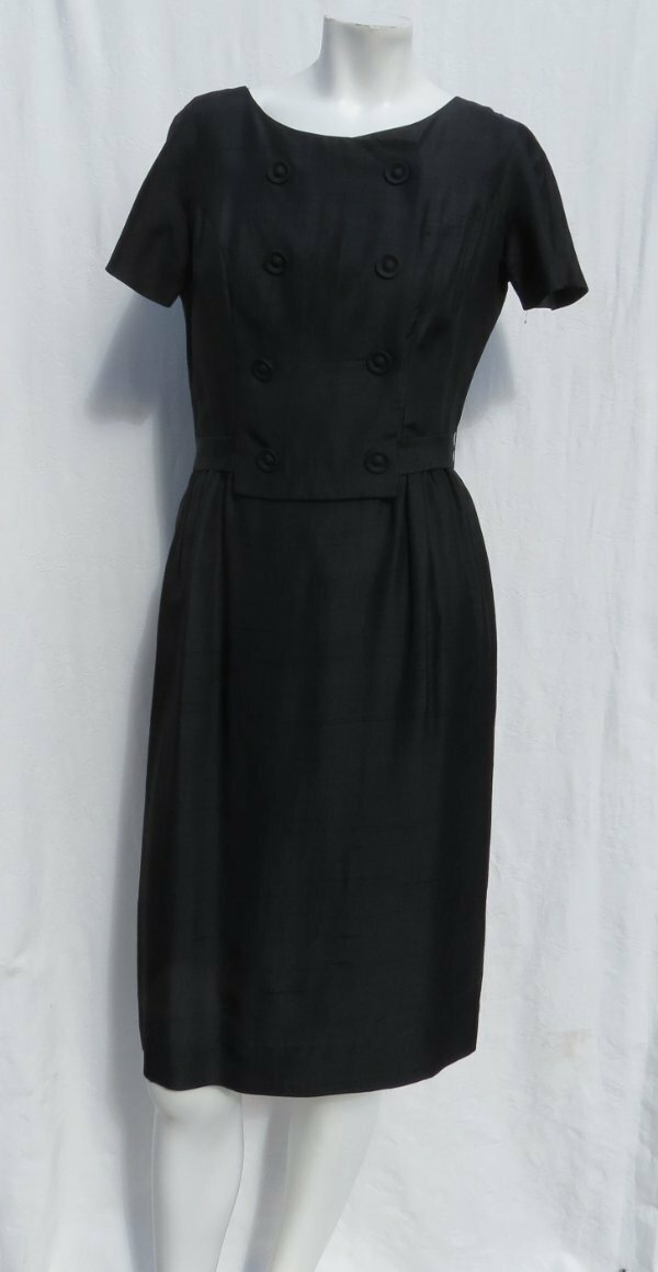 Vtg 50s STANTON Jrs Black Silk Double Breasted S/S Dress USA S 4 6 Tag 13