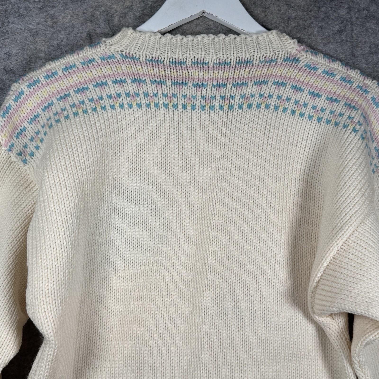 Womens Marceau White Blue Pink Holiday Theme Hand Knit Wool Sweater Size L 17×24