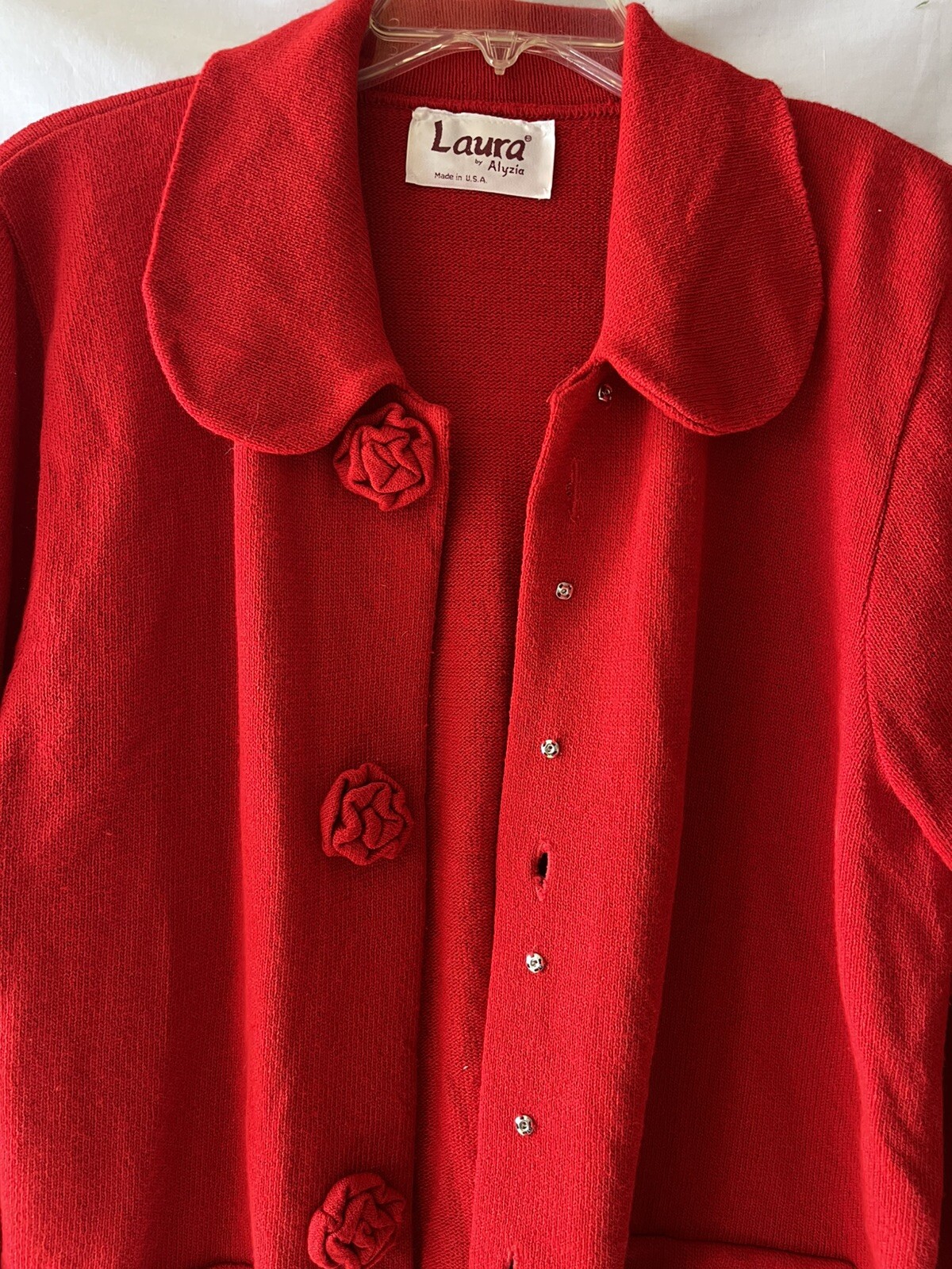 VINTAGE LAURA by ALYZIA, Women’s L Red Cardigan Sweater Knit Flower Accents