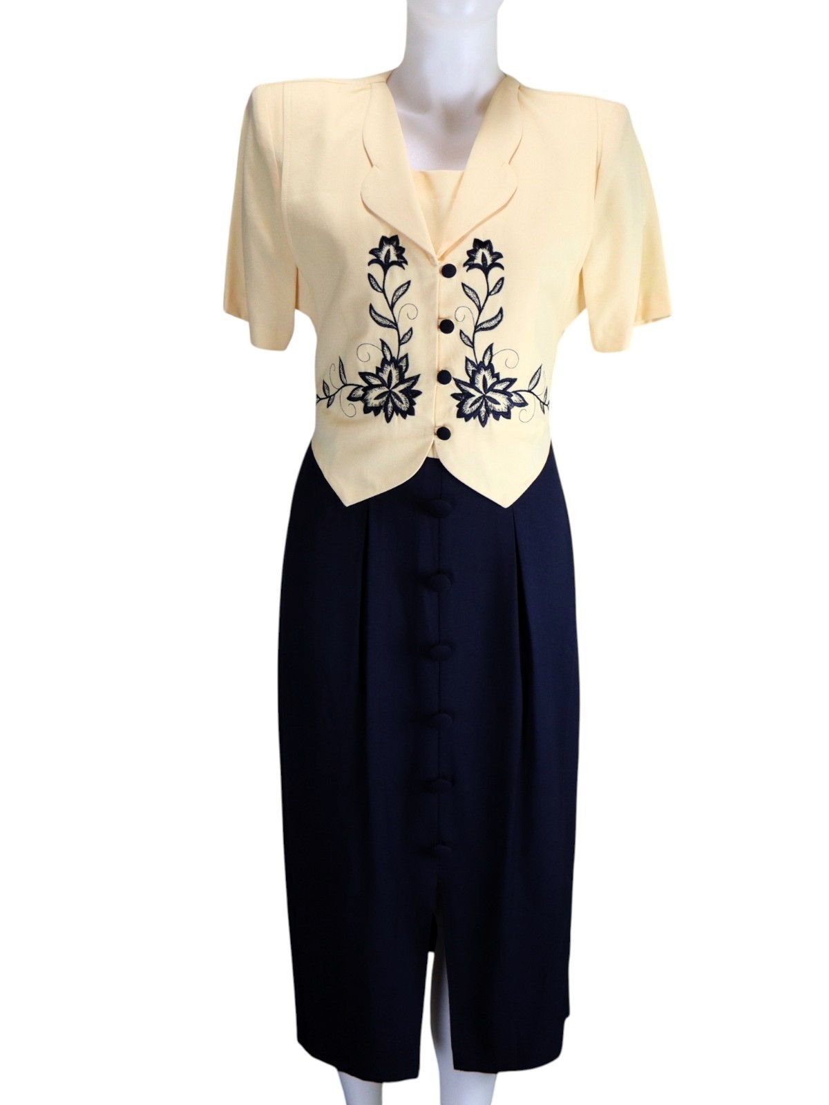 Vintage Miss Dorby Dress Women 10 Navy Yellow Faux Jacket Embroidered Midi 90s