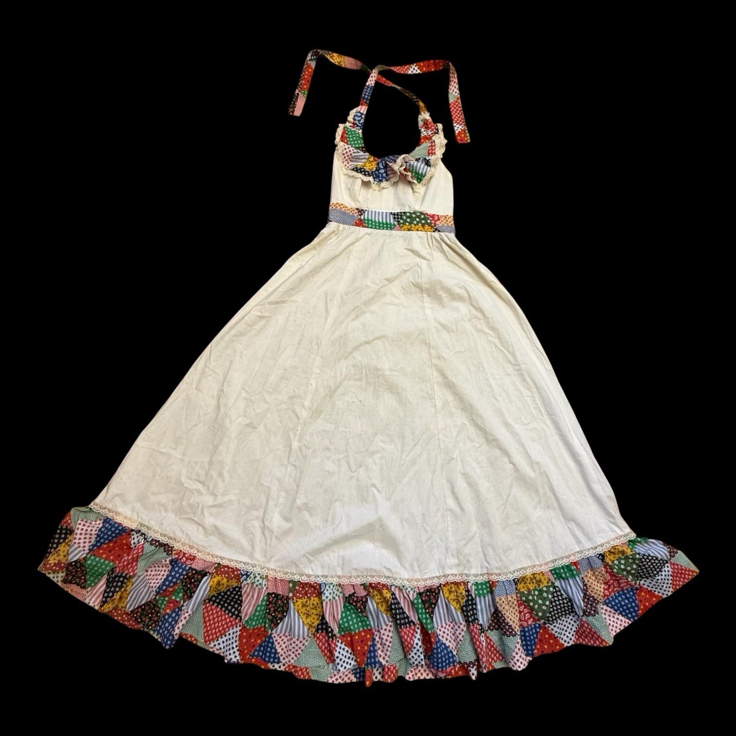 Vintage 70s Patchwork Prairie Halter Dress Size 9 XS Cottagecore Maxi Ruffle