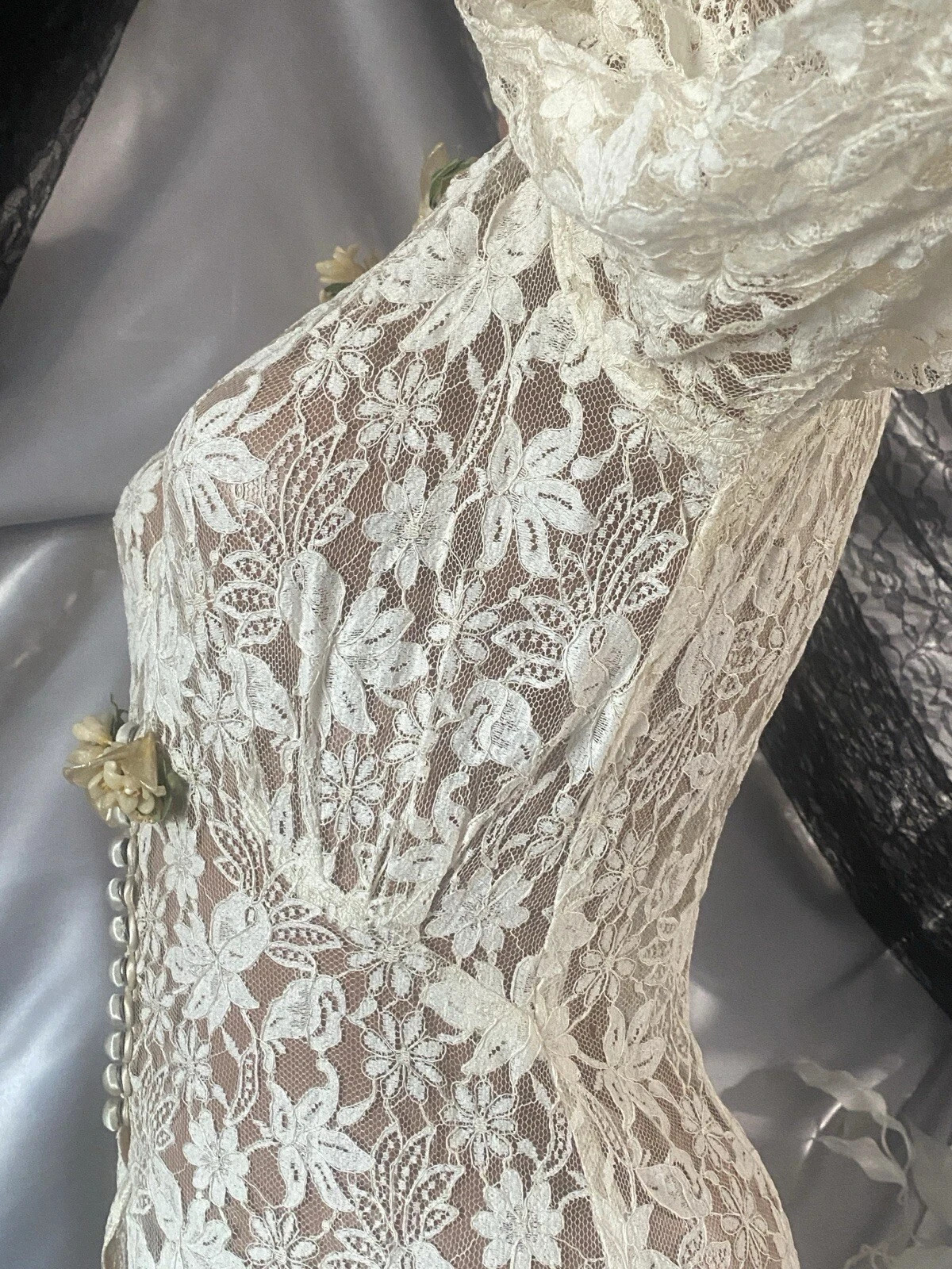 VTG 1920s LACE Lame Dress HOLLYWOOD SHEER MOVIESTAR MAXI DUSTER DRESS PEARL LILY