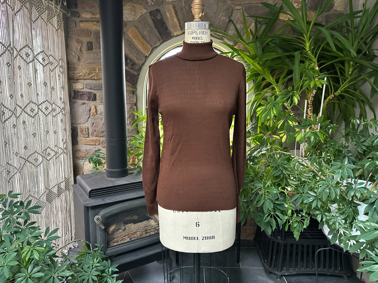 Vintage 1970s Beige Knit Jumper with Brown Knit Turtleneck The Kollection Ltd