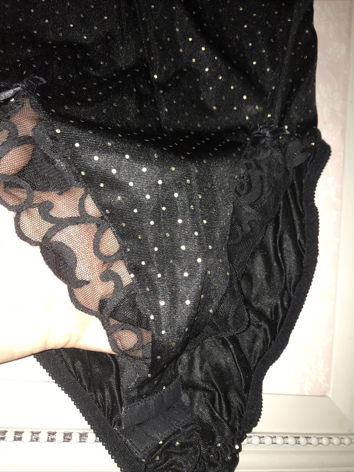 Vintage Teddy ROMPER Bodysuit ROMANTIC FASHIONS~stretch BLACK/GOLD DOT WOMANS M
