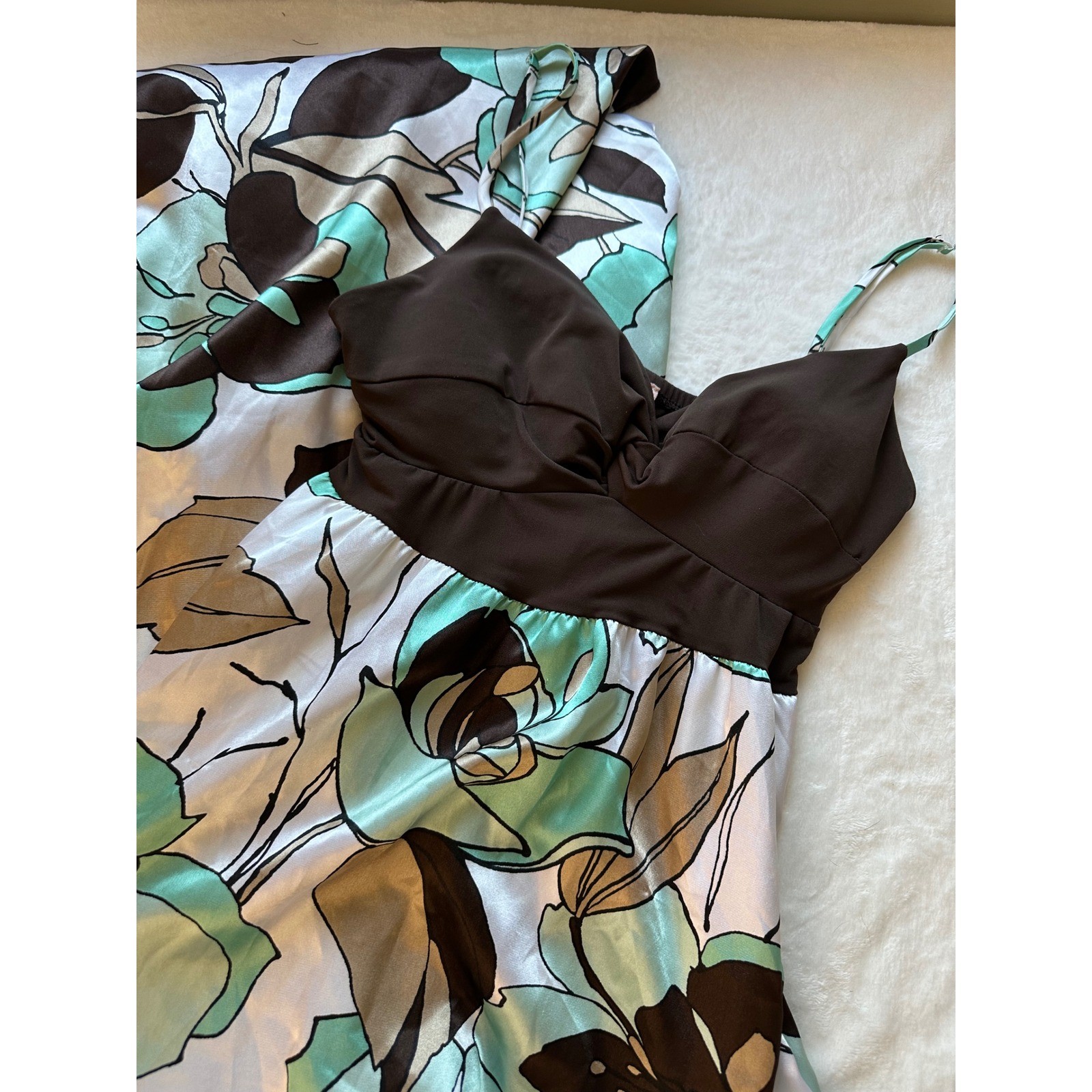 Candie’s Y2K Floral Maxi Dress XL Brown Aqua Empire Waist Satin 2000s Boho Indie