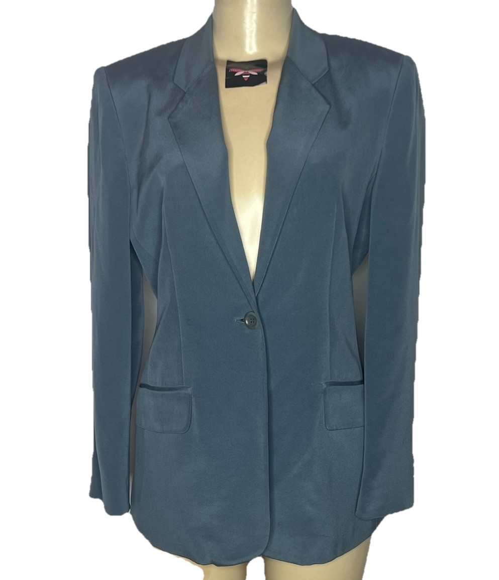 VINTAGE SILX BY AUGUST SILK SLATE BLUE SINGLE BUTTON FULLY LINED BLAZER SIZE MED