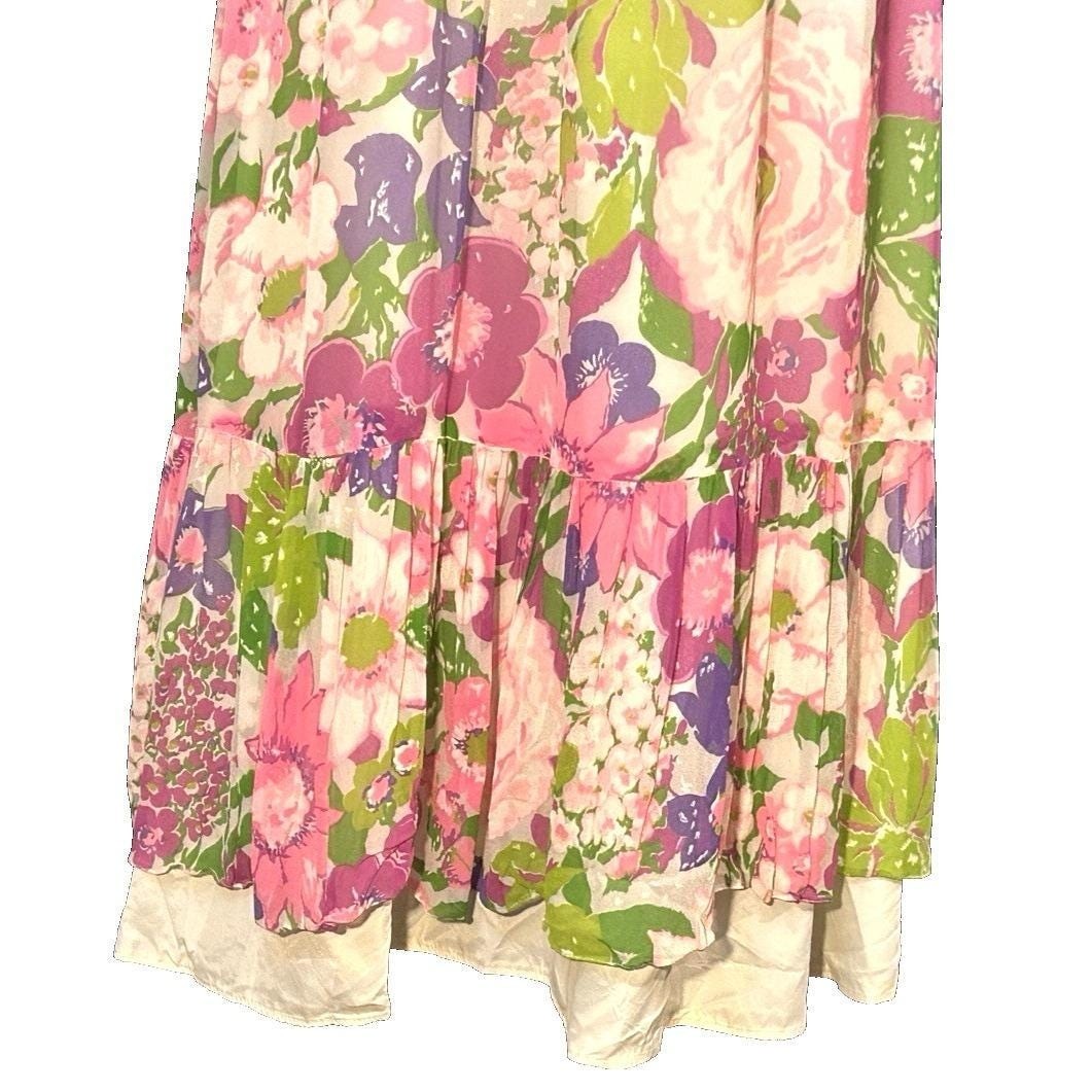 Vintage 70s Fairycore Vibrant Floral Dress Sheer Juliet Sleeves Velvet Sash USA