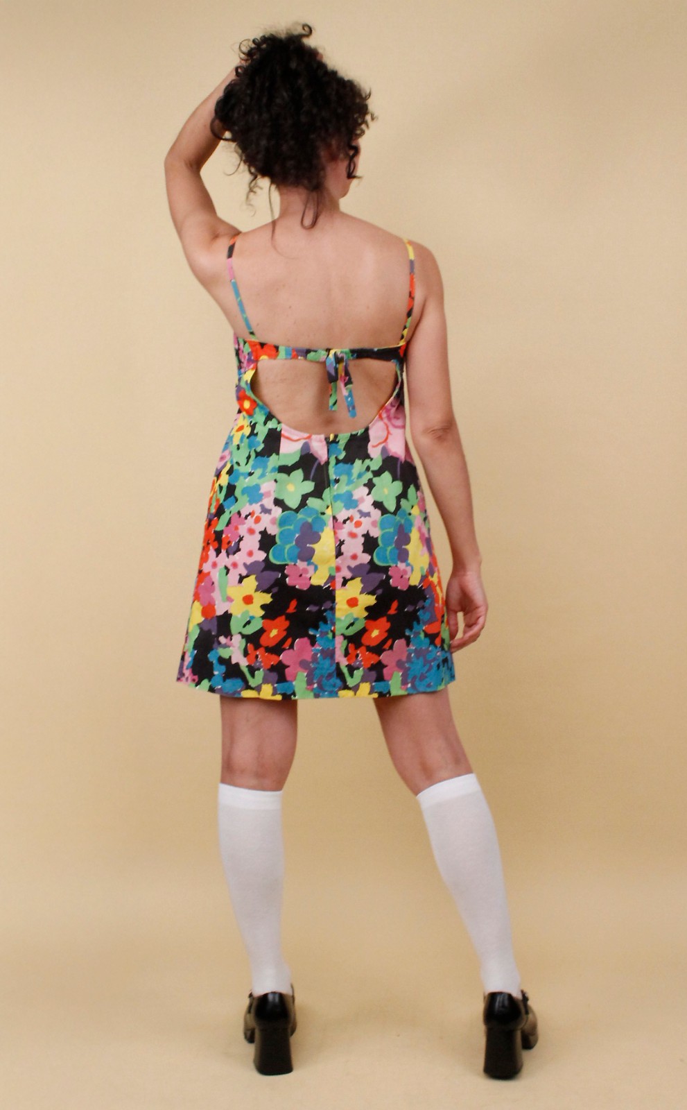 60s 70s Vtg Rainbow Floral Micro Mini Dress Open Back Psychedelic Mod B32-34″ S