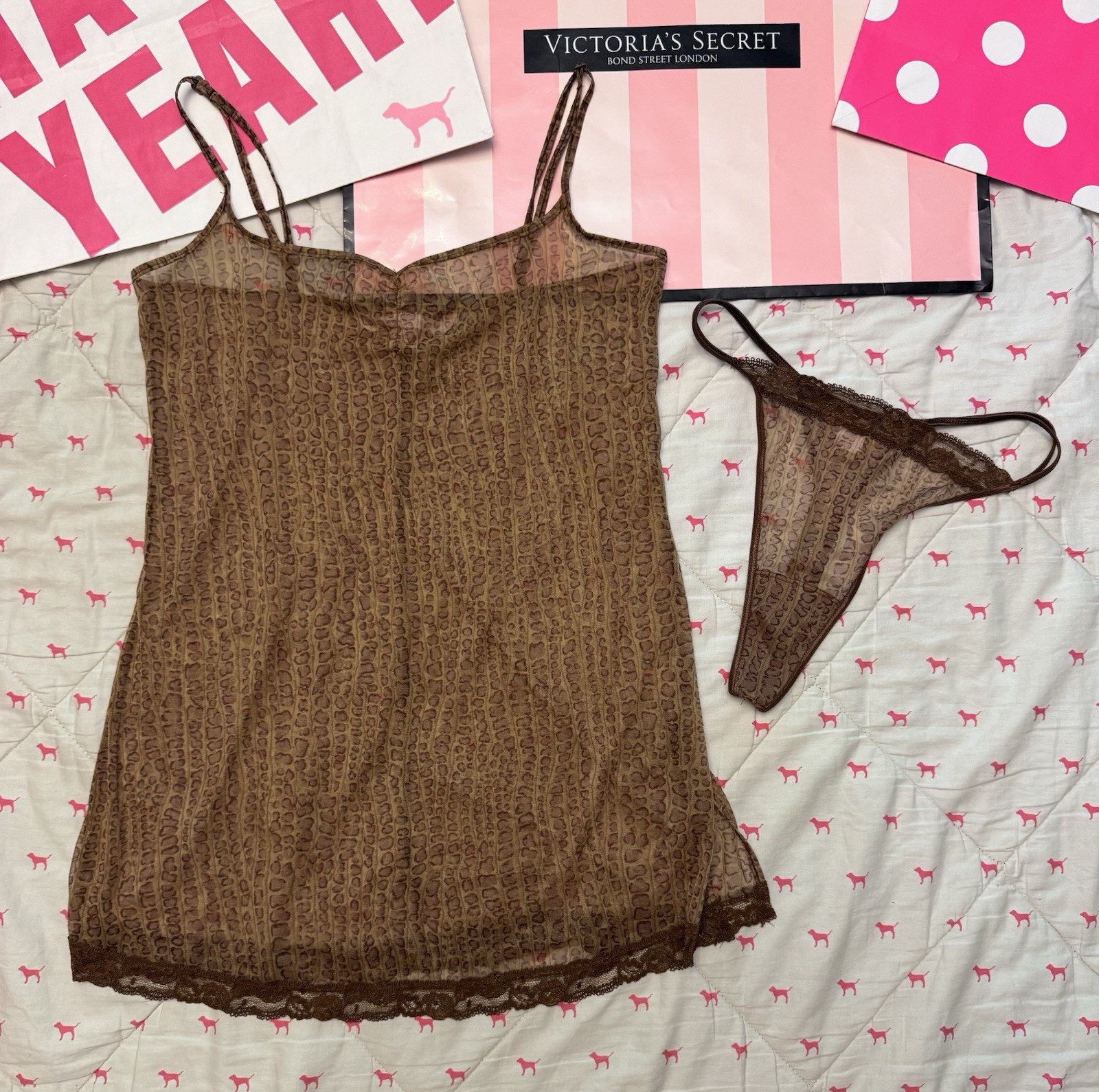 VICTORIA’S SECRET VINTAGE SHEER BABYDOLL DRESS SET W/ THONG LEOPARD CHEETAH HTF