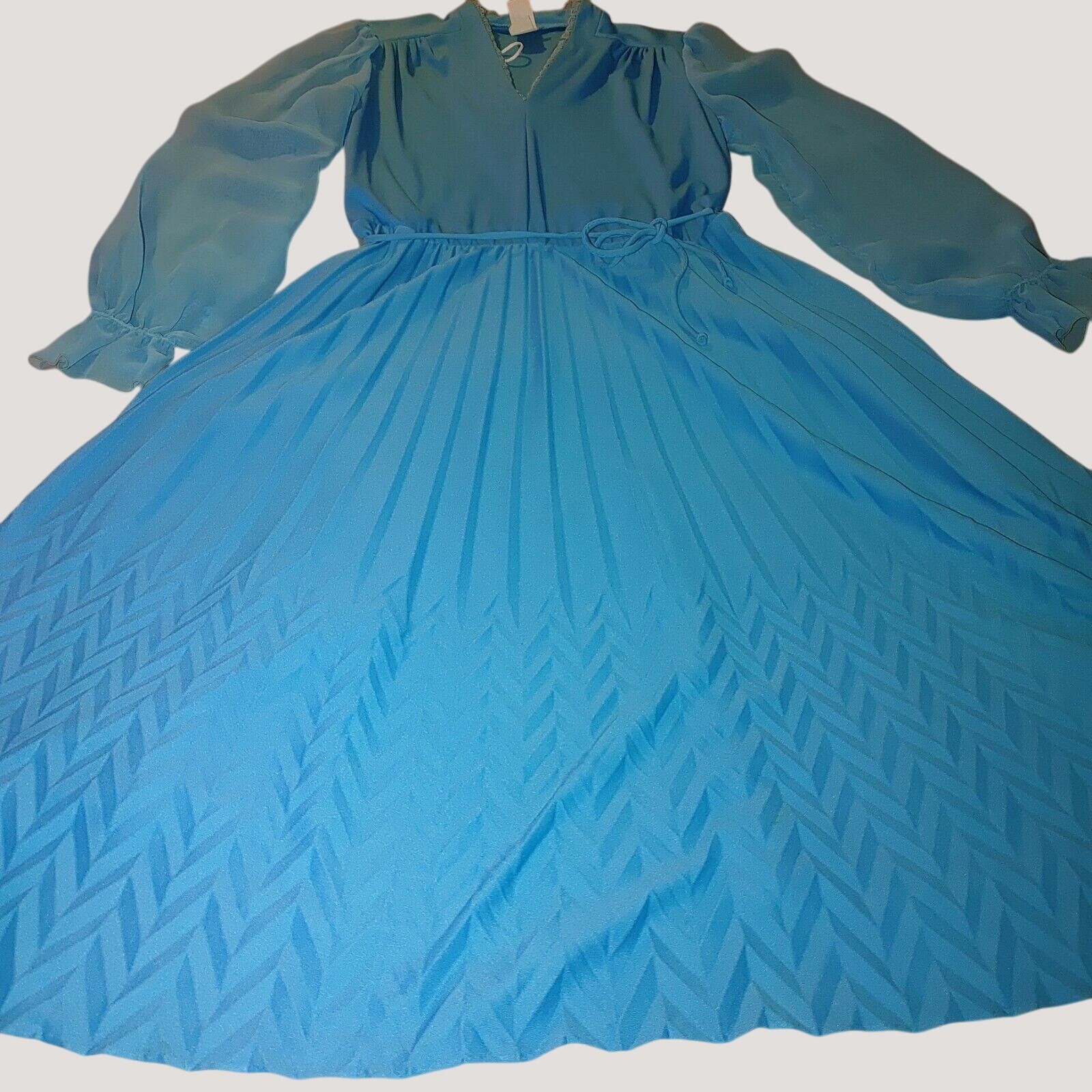 Turquoise Blue Long Sleeve Dress Sz 10 Vintage Sheer Sleeves Pleated Skirt Retro